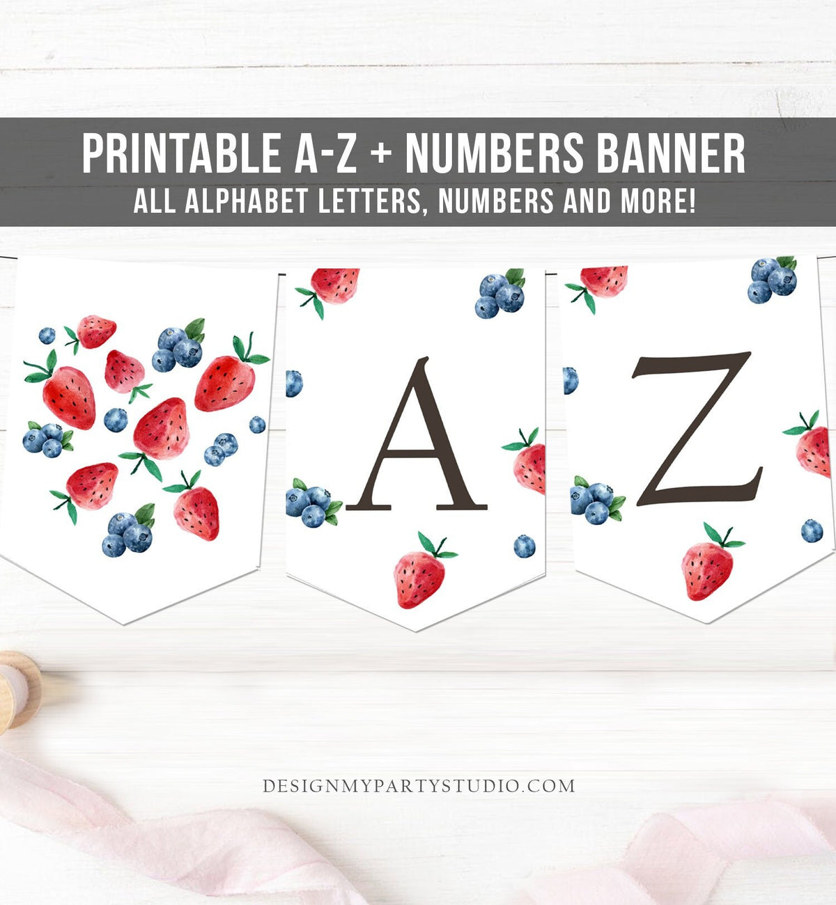 Strawberry Blueberry Alphabet Banner Letters A to Z Numbers Birthday Banner Berry Sweet Party Decor Baby Shower Banner DIY Printable 0399