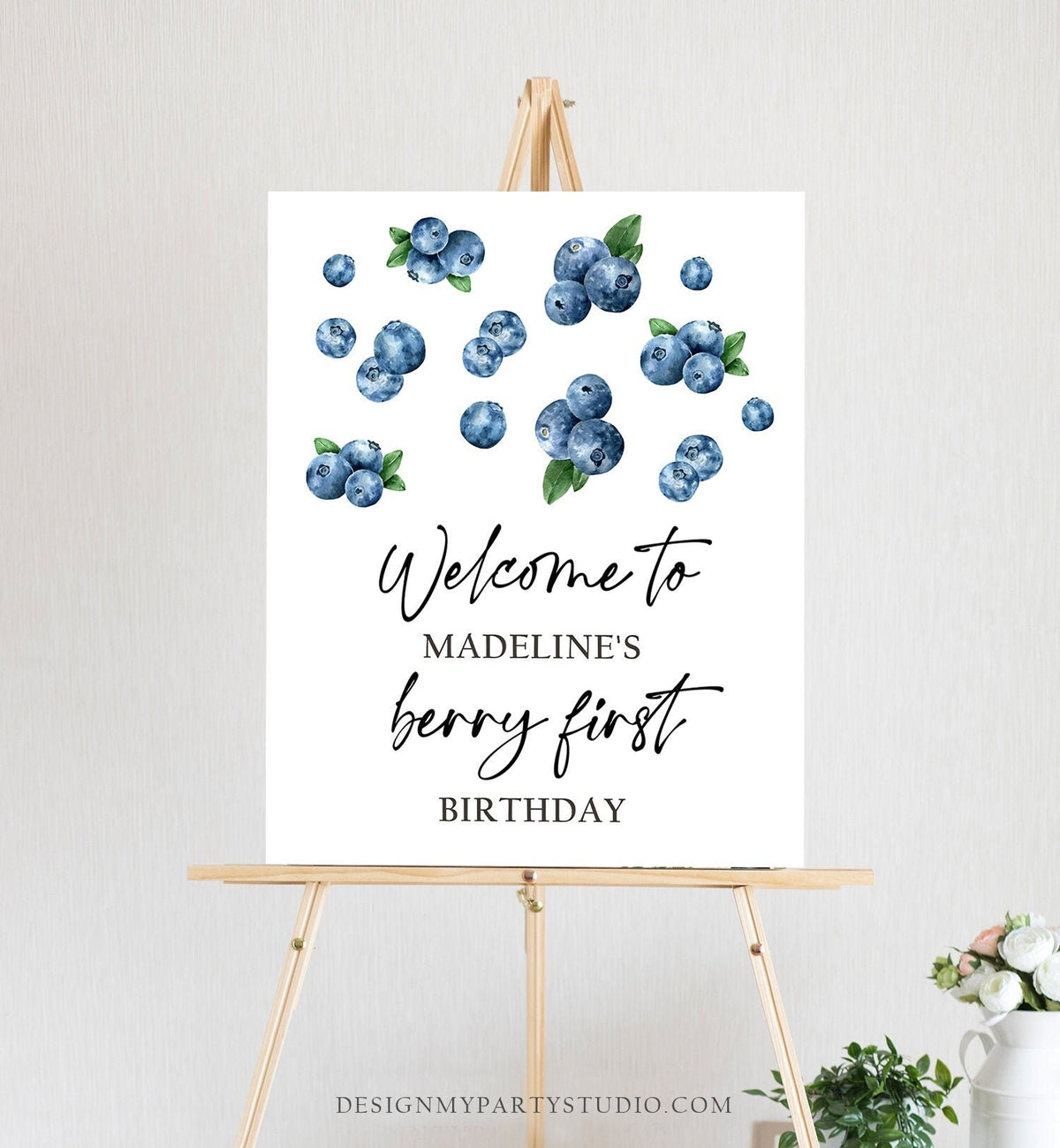 Editable Berry First Birthday Welcome Sign Blueberries Blueberry Party Welcome Farmers Market Boy Watercolor Template PRINTABLE Corjl 0399