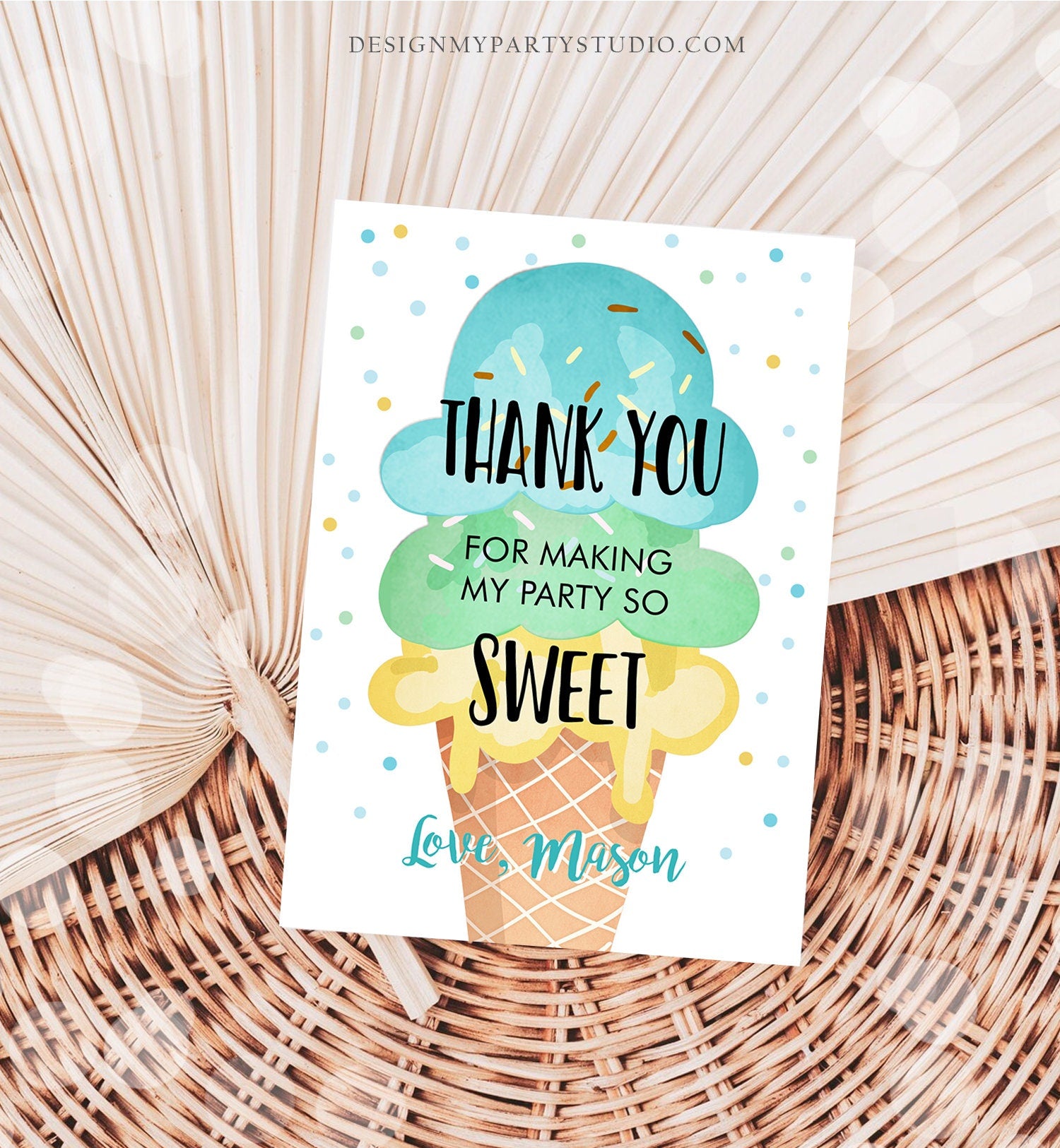 Editable Ice Cream Thank You Card Ice Cream Birthday Thank You Note Boy Birthday Summer Download Printable Template Digital Corjl 0243