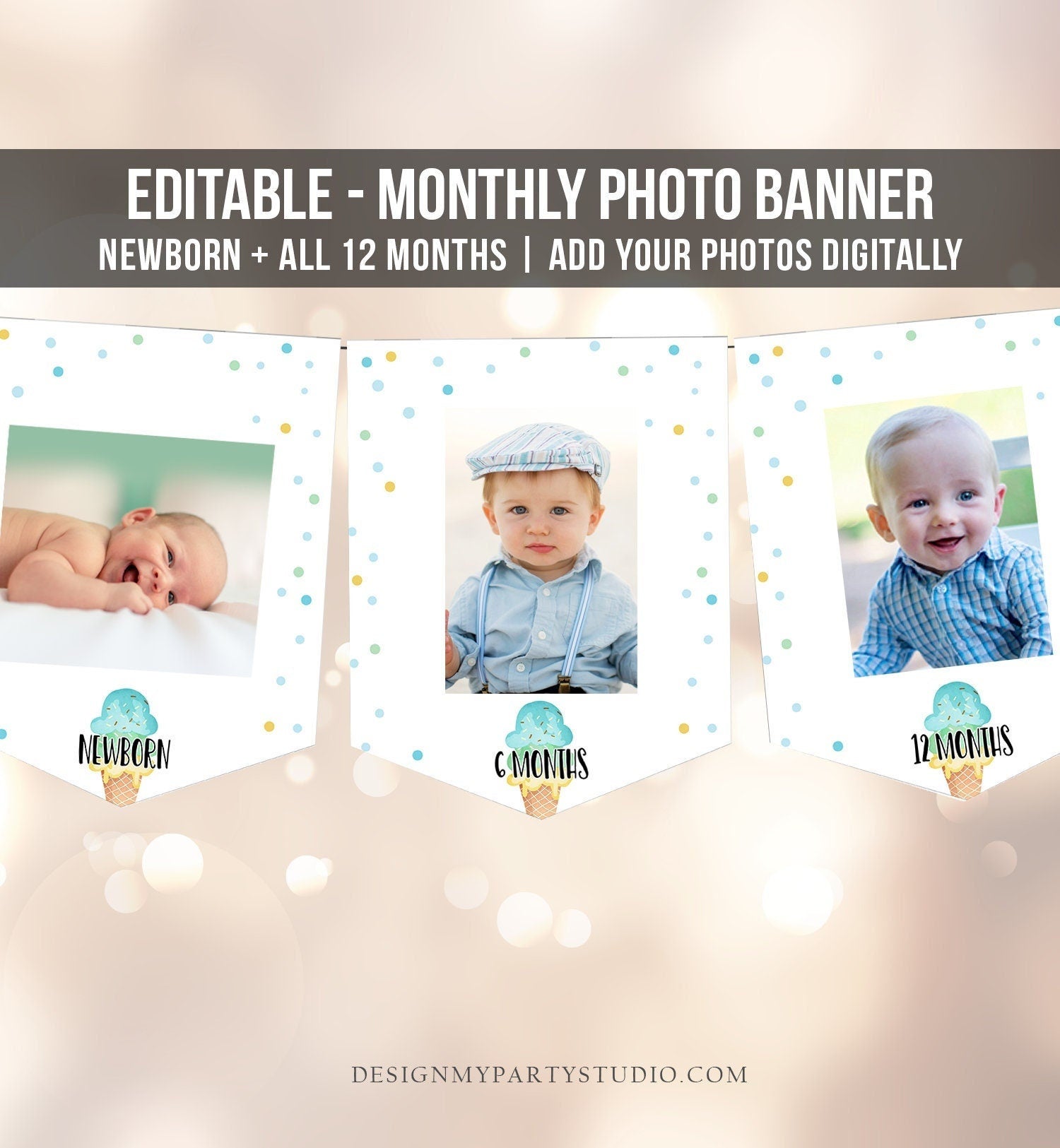 Editable Ice Cream Monthly Photo Banner First Birthday Boy Blue Yellow Mint Sweet One Decor Instant Download Corjl Template Printable 0243