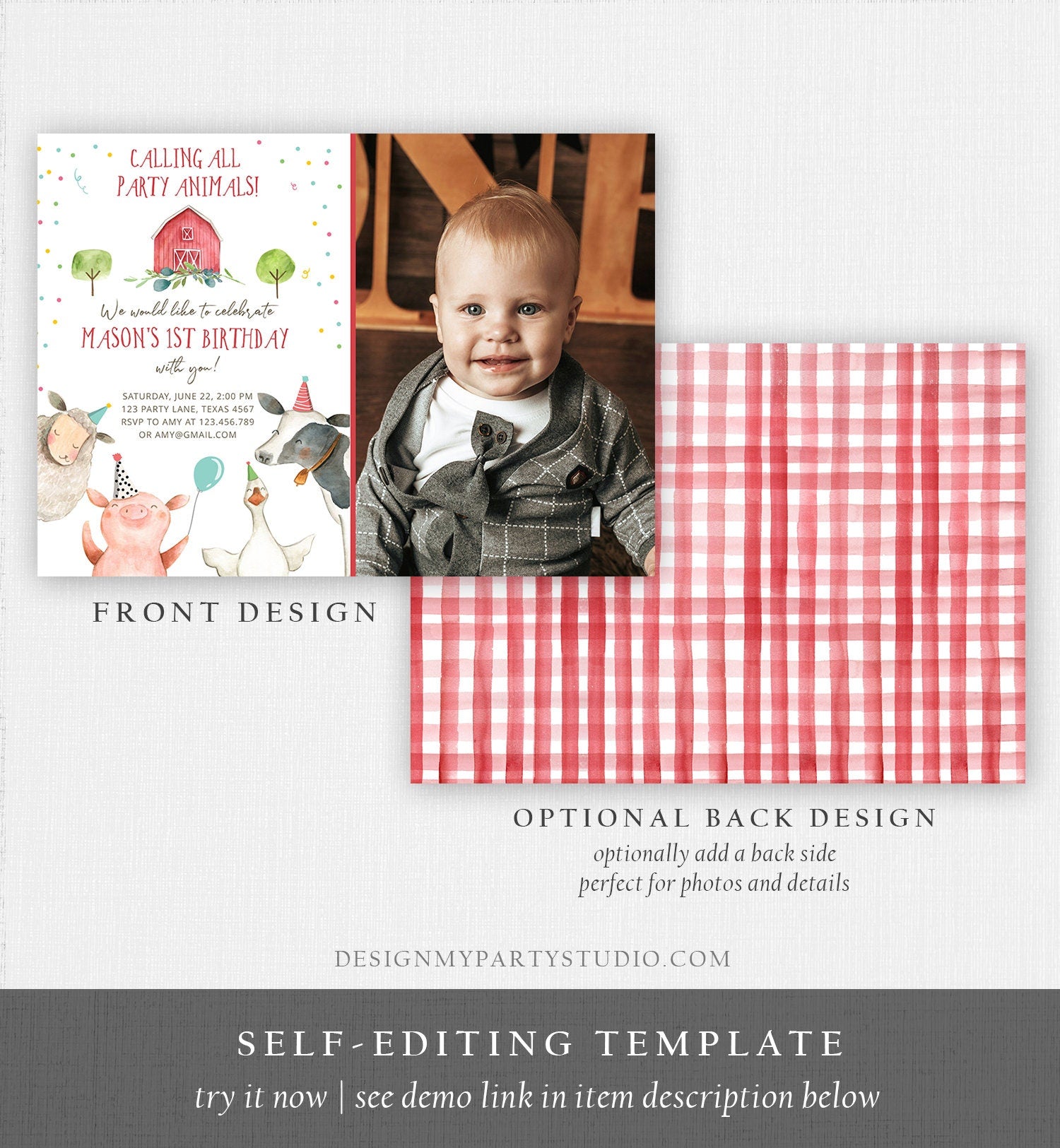 Editable Farm Animals Birthday Invitation Boy Farm Barnyard First Birthday Party Animals Confetti Download Corjl Template Printable 0155