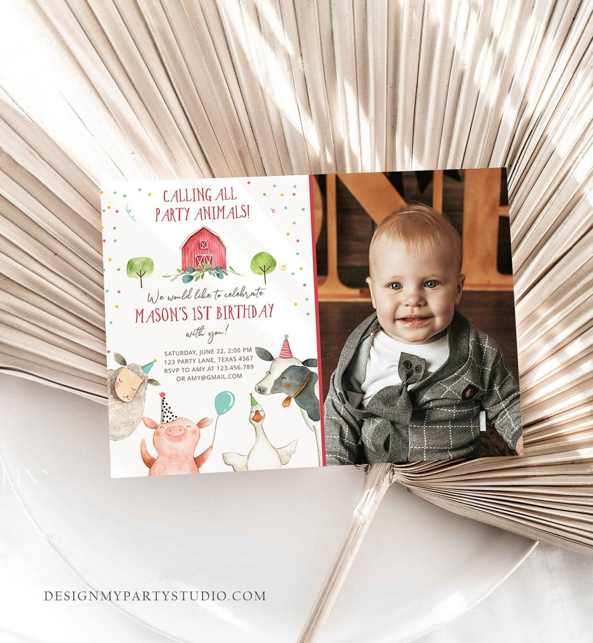 Editable Farm Animals Birthday Invitation Boy Farm Barnyard First Birthday Party Animals Confetti Download Corjl Template Printable 0155