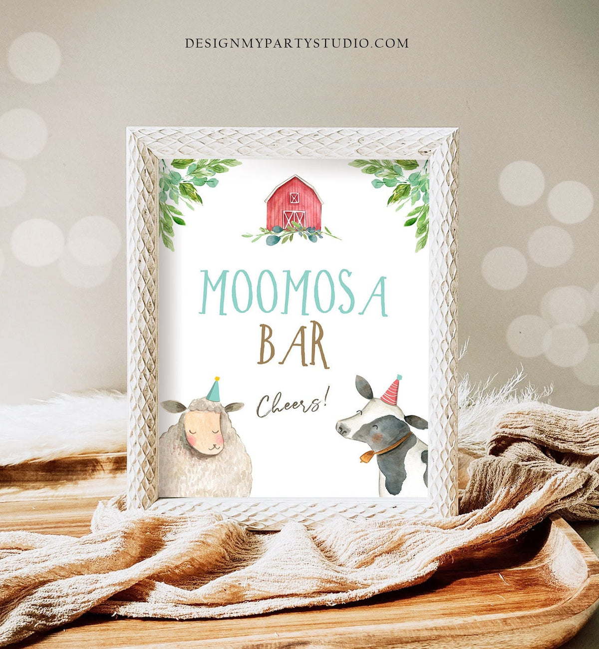 Moomosa Bar Farm Animals Birthday Party Sign Mimosa Bar Table Decor Barnyard Party Animals Boy Blue Baby Shower Cow Sheep Printable 0155