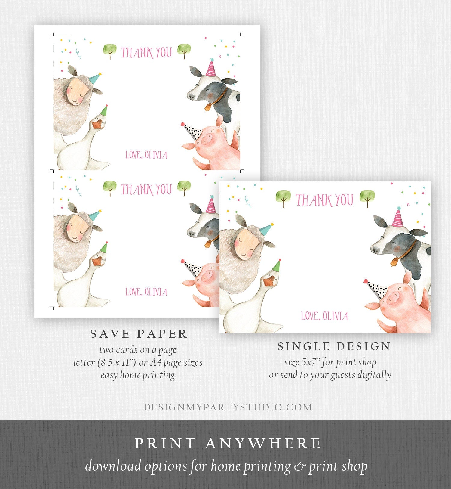 Editable Farm Animals Thank You Card Pink Gingham Farm Birthday Girl Barnyard Thank You Card Birthday Confetti Instant Download Corjl 0155