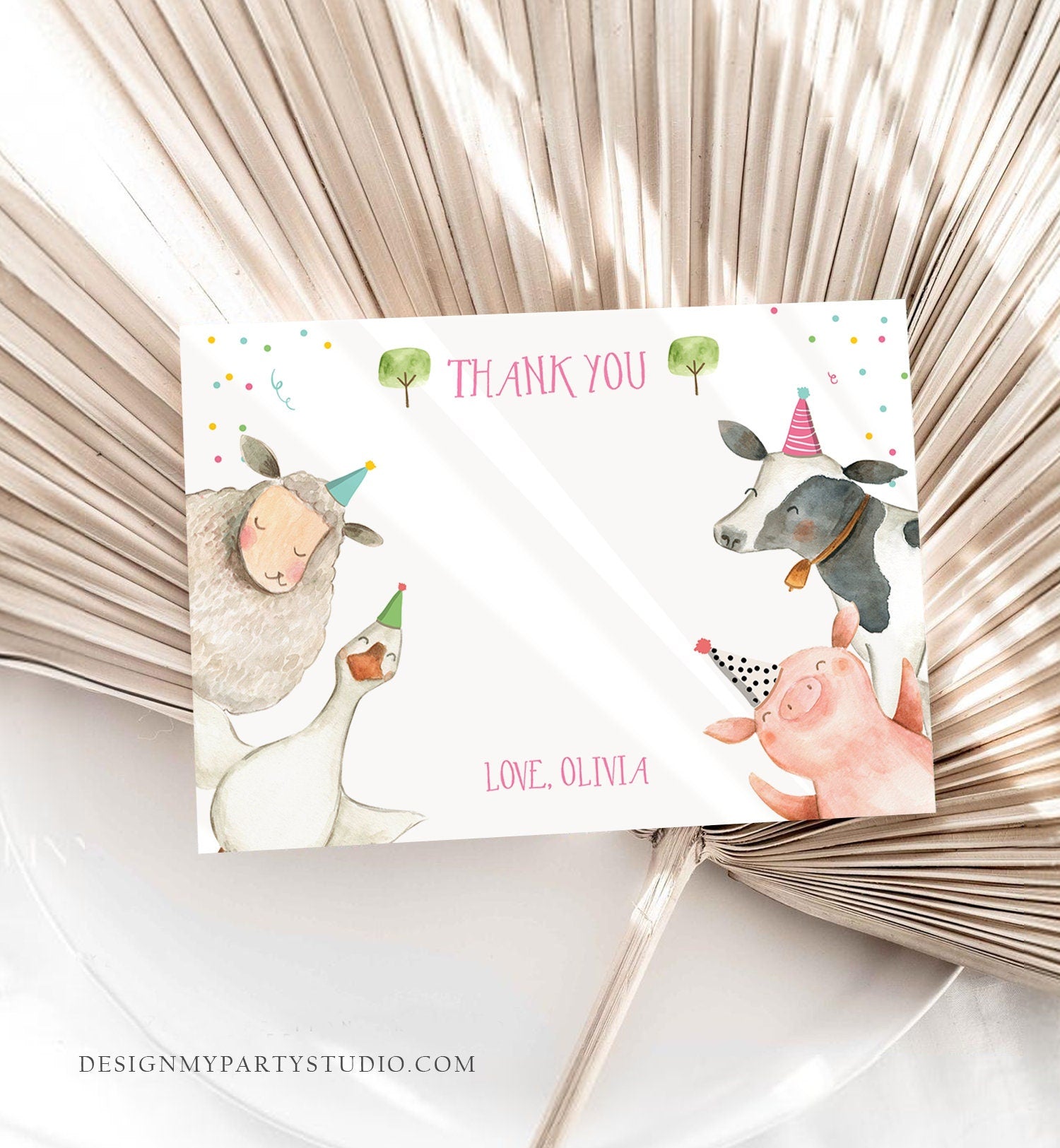 Editable Farm Animals Thank You Card Pink Gingham Farm Birthday Girl Barnyard Thank You Card Birthday Confetti Instant Download Corjl 0155