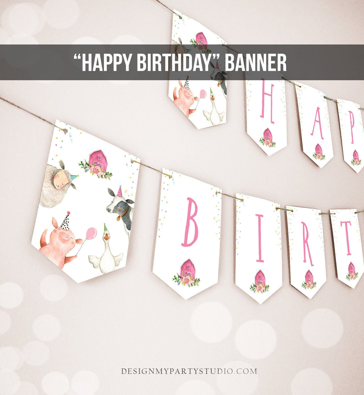 Happy Birthday Banner Pink Farm Birthday Banner Farm Animals Girl Barnyard Birthday Decor Confetti download PRINTABLE DIGITAL DIY 0155