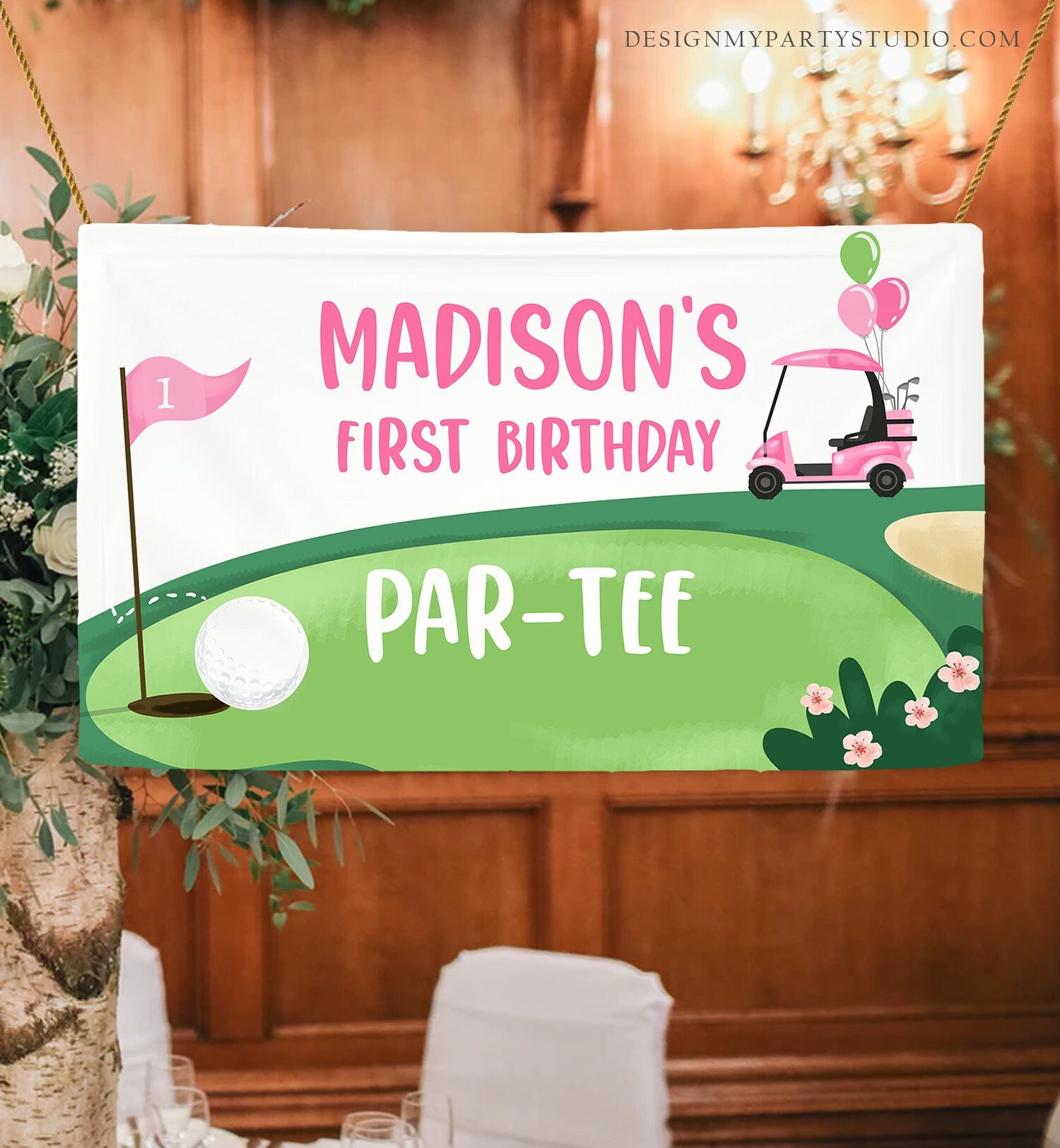 Editable Hole in One Backdrop Banner Golf Birthday Girl First Birthday Par-tee Golfing 1st Golf Party Download Corjl Template Printable 0405