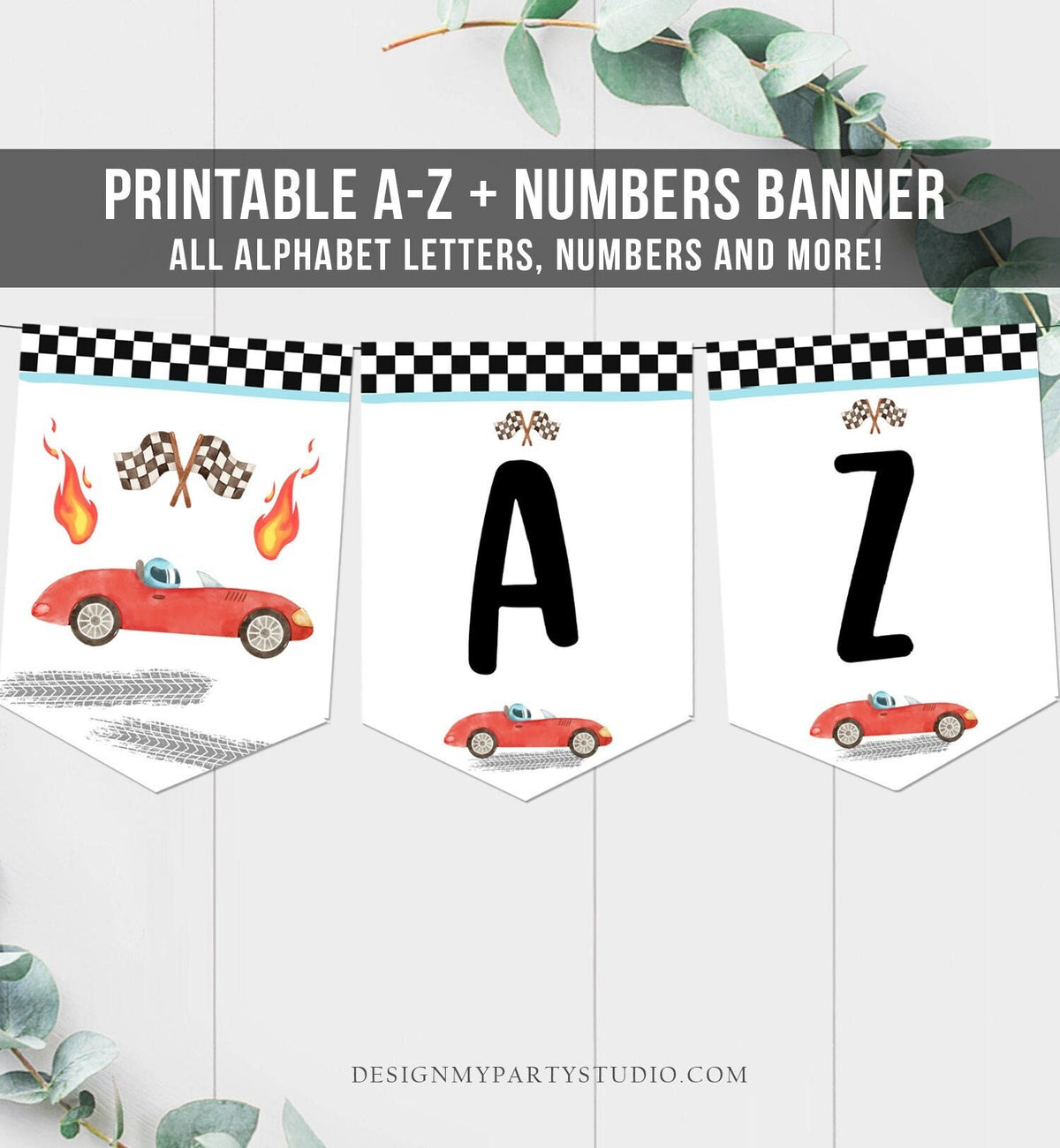 Race Car Alphabet Banner Red Race Car Letters A to Z Racing Birthday Decor Growing Up Two Fast 2nd Instant Digital Download Printable 0424