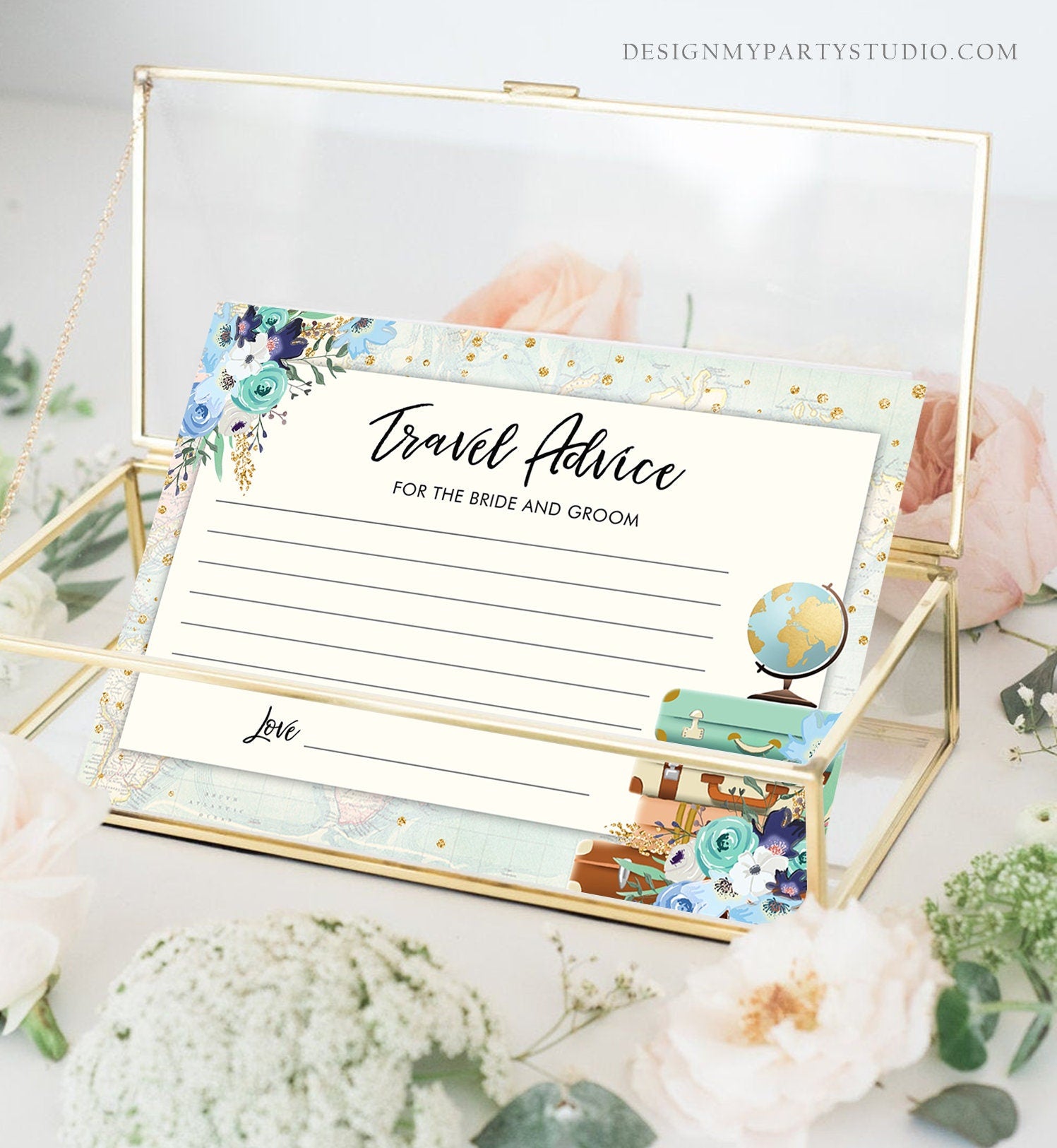 Editable Advice for the Bride-to-Be Card Bridal Shower Travel Words of Wisdom for Bride Game Adventure Blue Floral Gold Corjl Template 0030