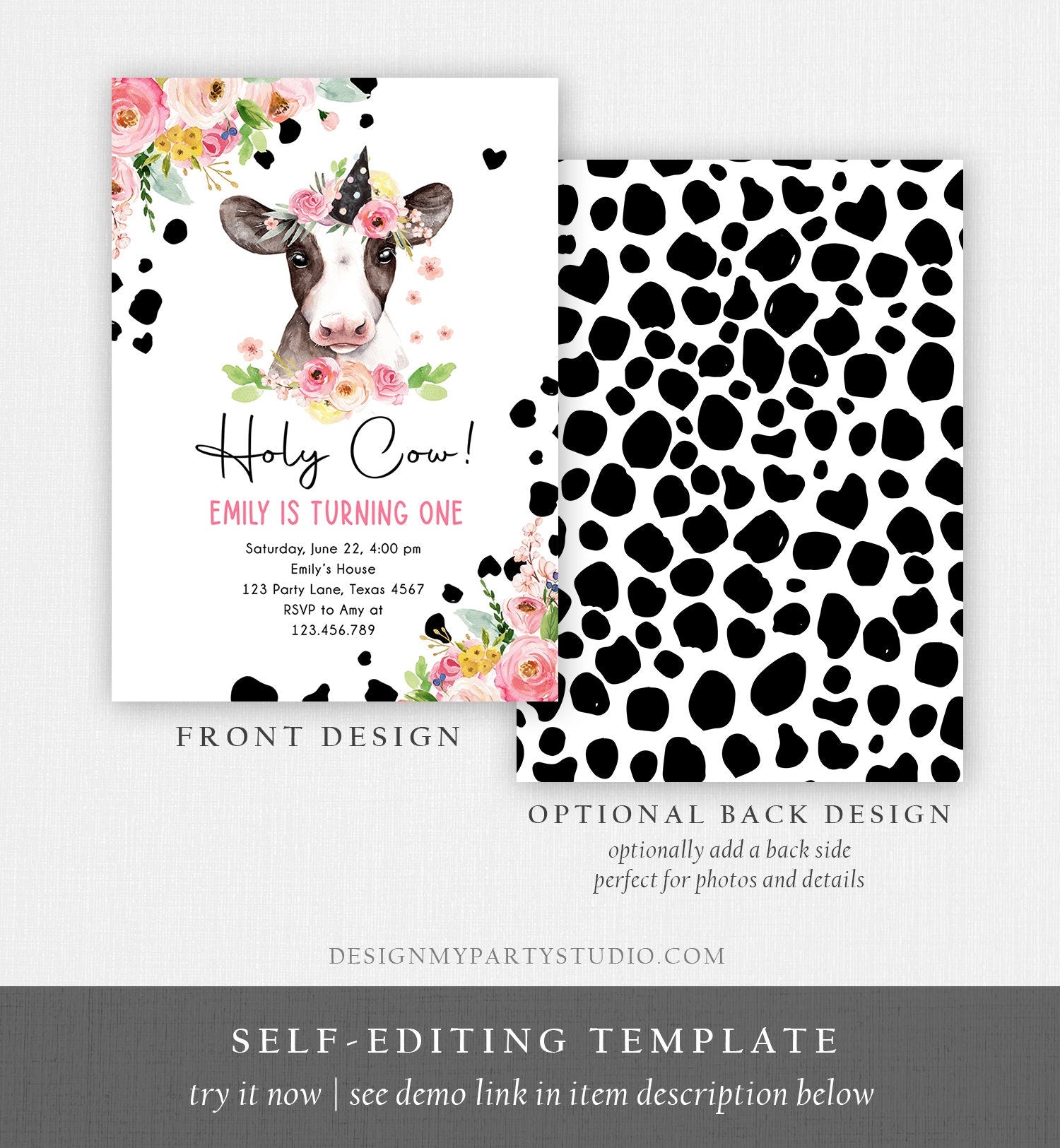 Editable Cow Birthday Invitation Girl Farm Animals Pink Floral Barnyard Party Holy Cow Party 1st One Download Printable Template Corjl 0434