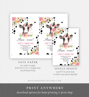 Editable Cow Birthday Invitation Girl Farm Animals Pink Floral Barnyard Party Holy Cow Mooo Two 2nd Download Printable Template Corjl 0434