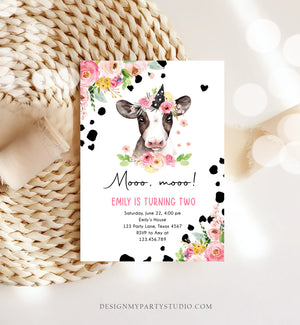 Editable Cow Birthday Invitation Girl Farm Animals Pink Floral Barnyard Party Holy Cow Mooo Two 2nd Download Printable Template Corjl 0434