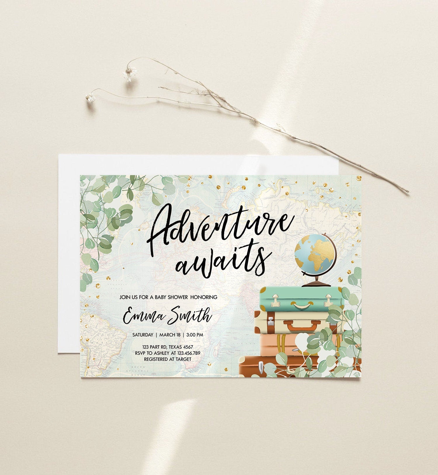 Editable Adventure Awaits Baby Shower Invitation Sprinkle Eucalyptus Greenery Suitcases Travel Around World Digital Template Printable 0030