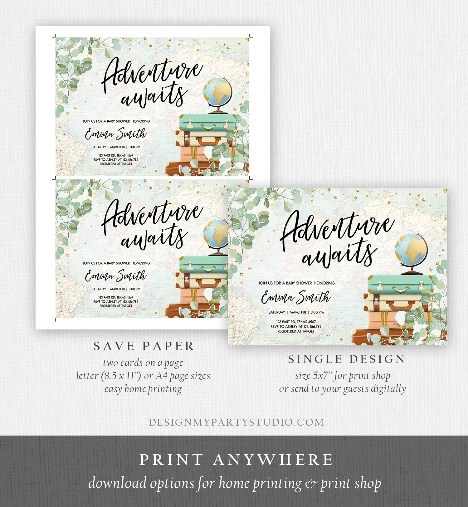 Editable Adventure Awaits Baby Shower Invitation Sprinkle Eucalyptus Greenery Suitcases Travel Around World Digital Template Printable 0030