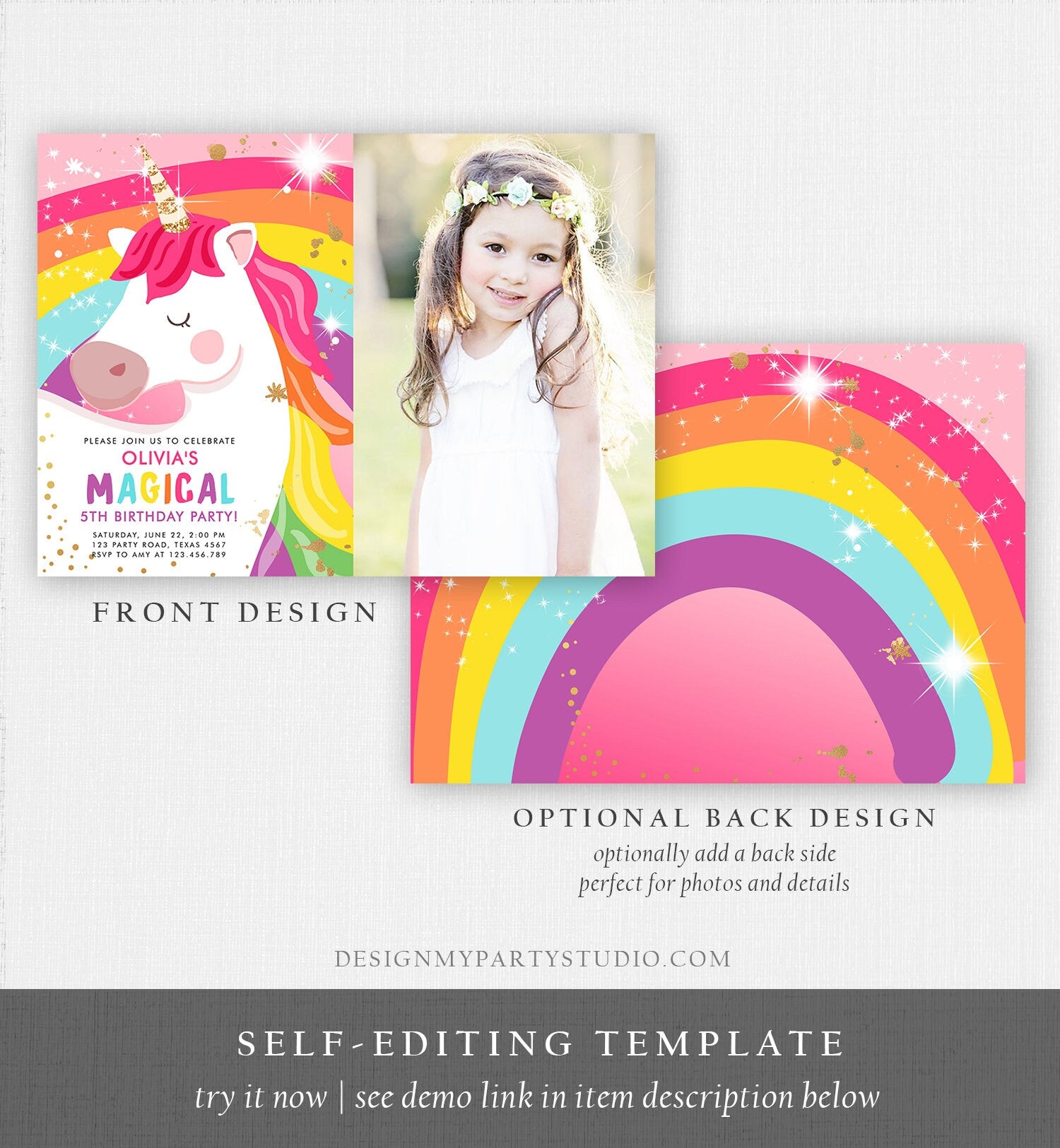 Editable Unicorn Birthday Invitation Magical Unicorn Party Girl Pink Gold Unicorn Invite Rainbow Digital Download Template Printable 0323