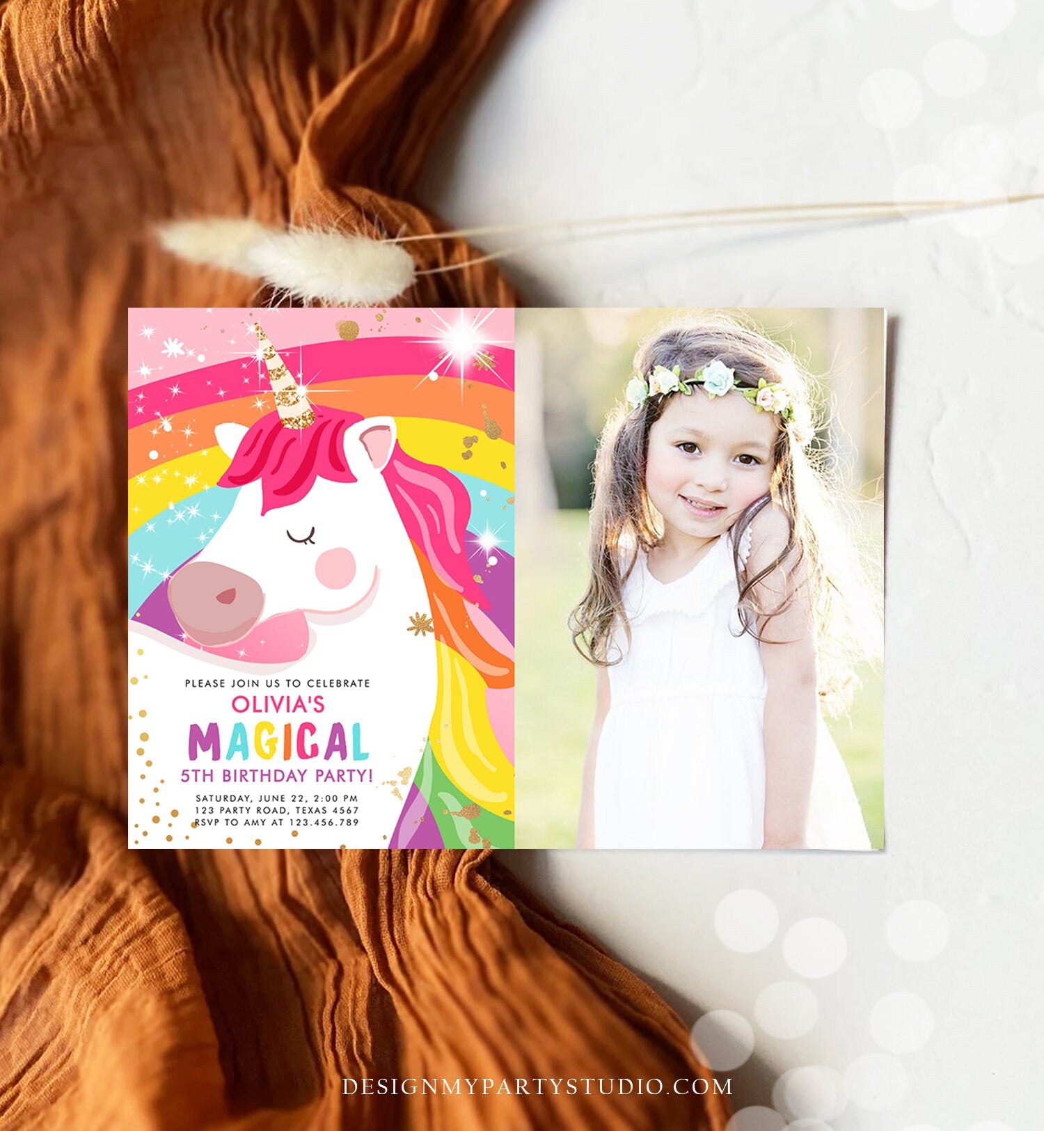 Editable Unicorn Birthday Invitation Magical Unicorn Party Girl Pink Gold Unicorn Invite Rainbow Digital Download Template Printable 0323