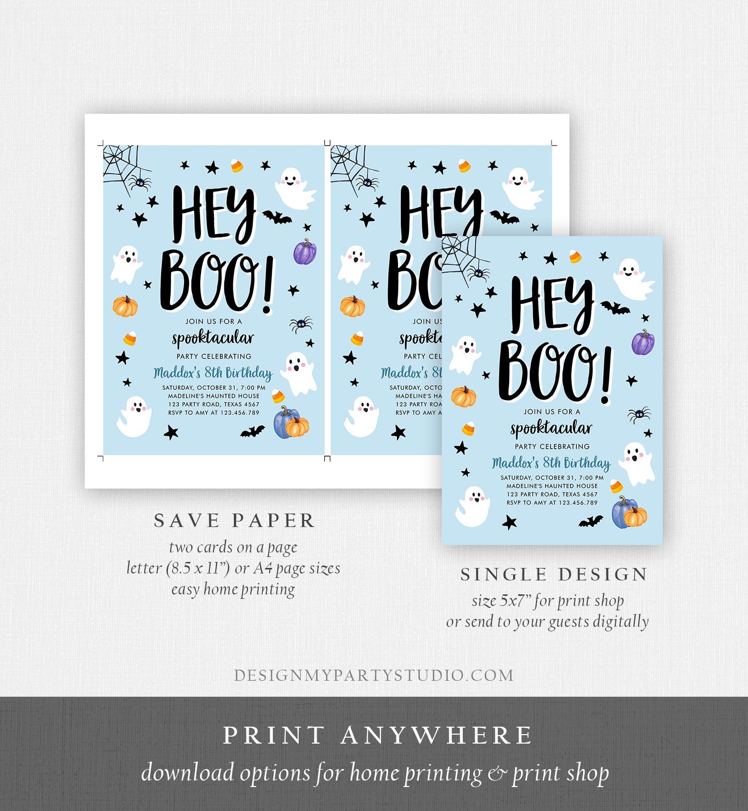 Editable Halloween Birthday Invitation Boy Ghost Costume Party Boy Blue Kids Spooktacular Spooky Digital Download Template Printable 0418