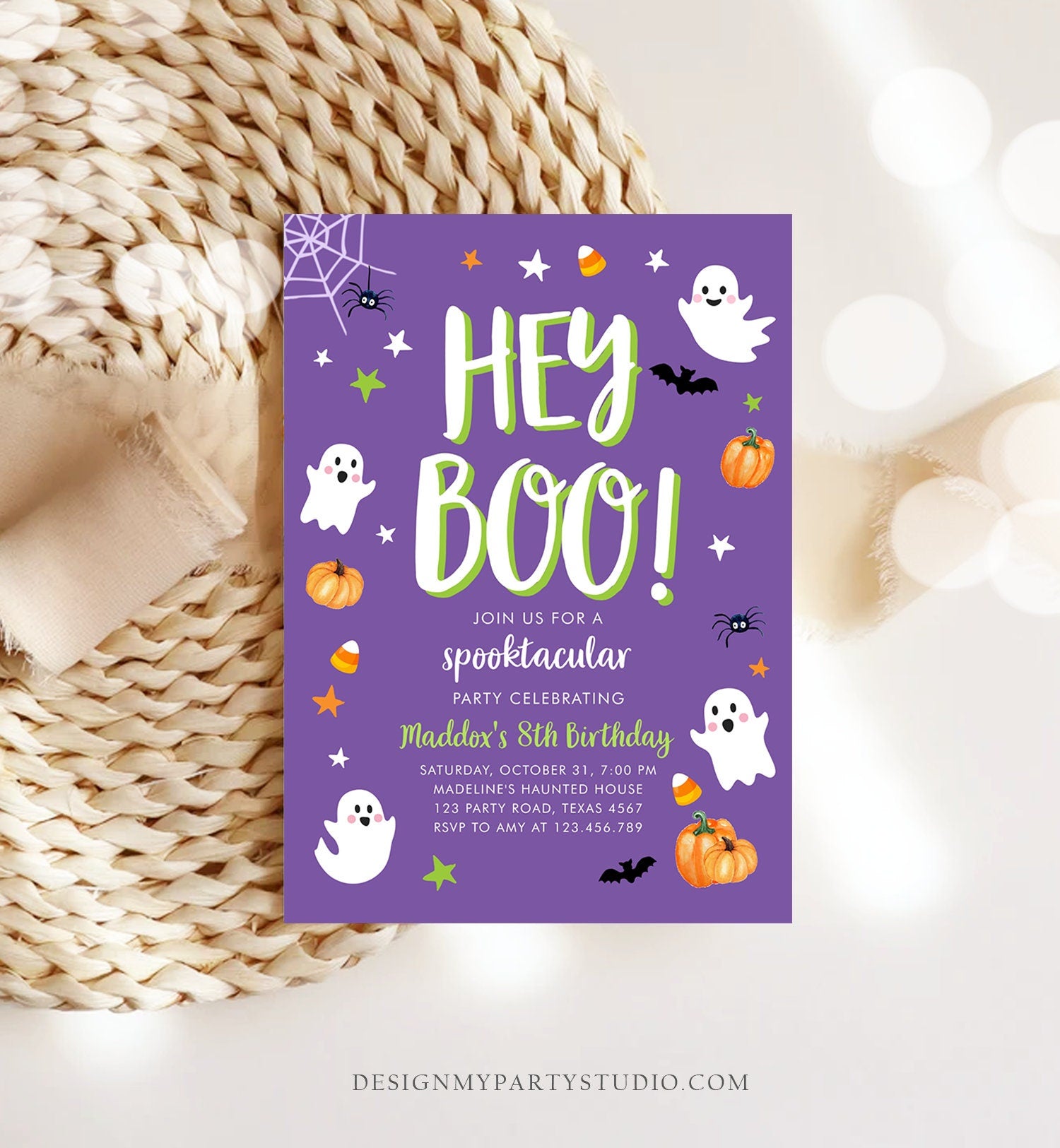 Editable Halloween Birthday Invitation Boy Ghost Costume Party Boy Purple Kids Spooktacular Spooky Digital Download Template Printable 0418