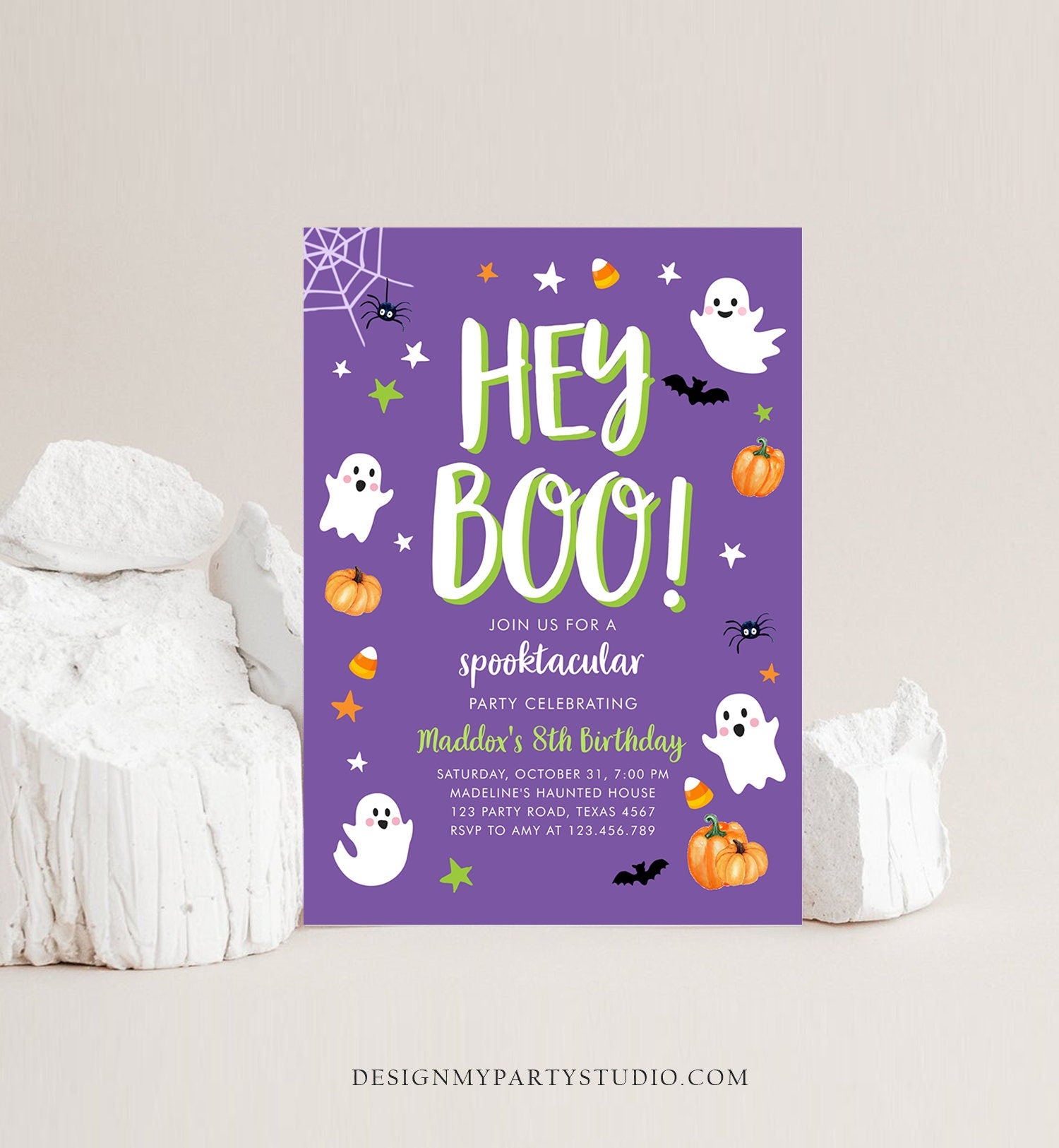 Editable Halloween Birthday Invitation Boy Ghost Costume Party Boy Purple Kids Spooktacular Spooky Digital Download Template Printable 0418