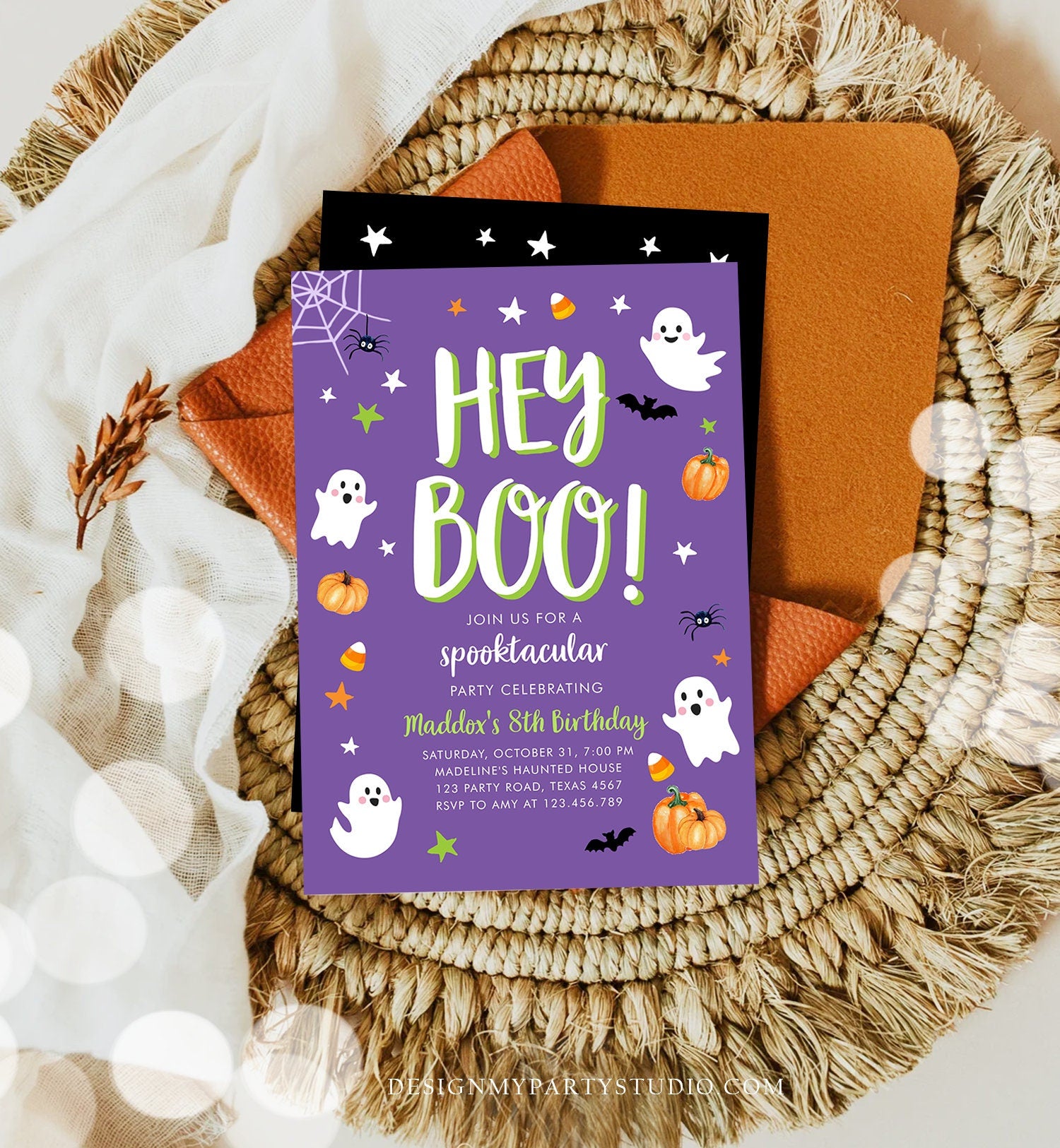 Editable Halloween Birthday Invitation Boy Ghost Costume Party Boy Purple Kids Spooktacular Spooky Digital Download Template Printable 0418