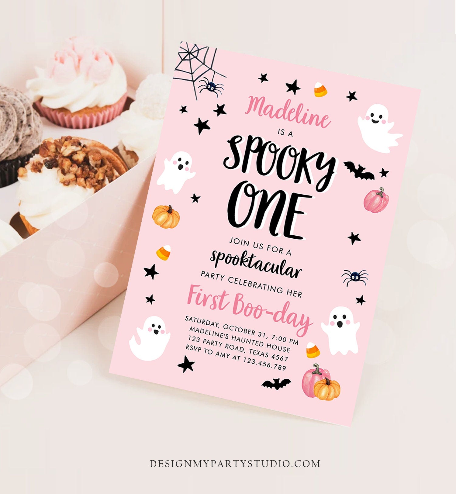 Editable Halloween 1st Birthday Invitation Pink Ghost Costume Party Girl Pink Kids Spooky One First Download Printable Template Corjl 0418