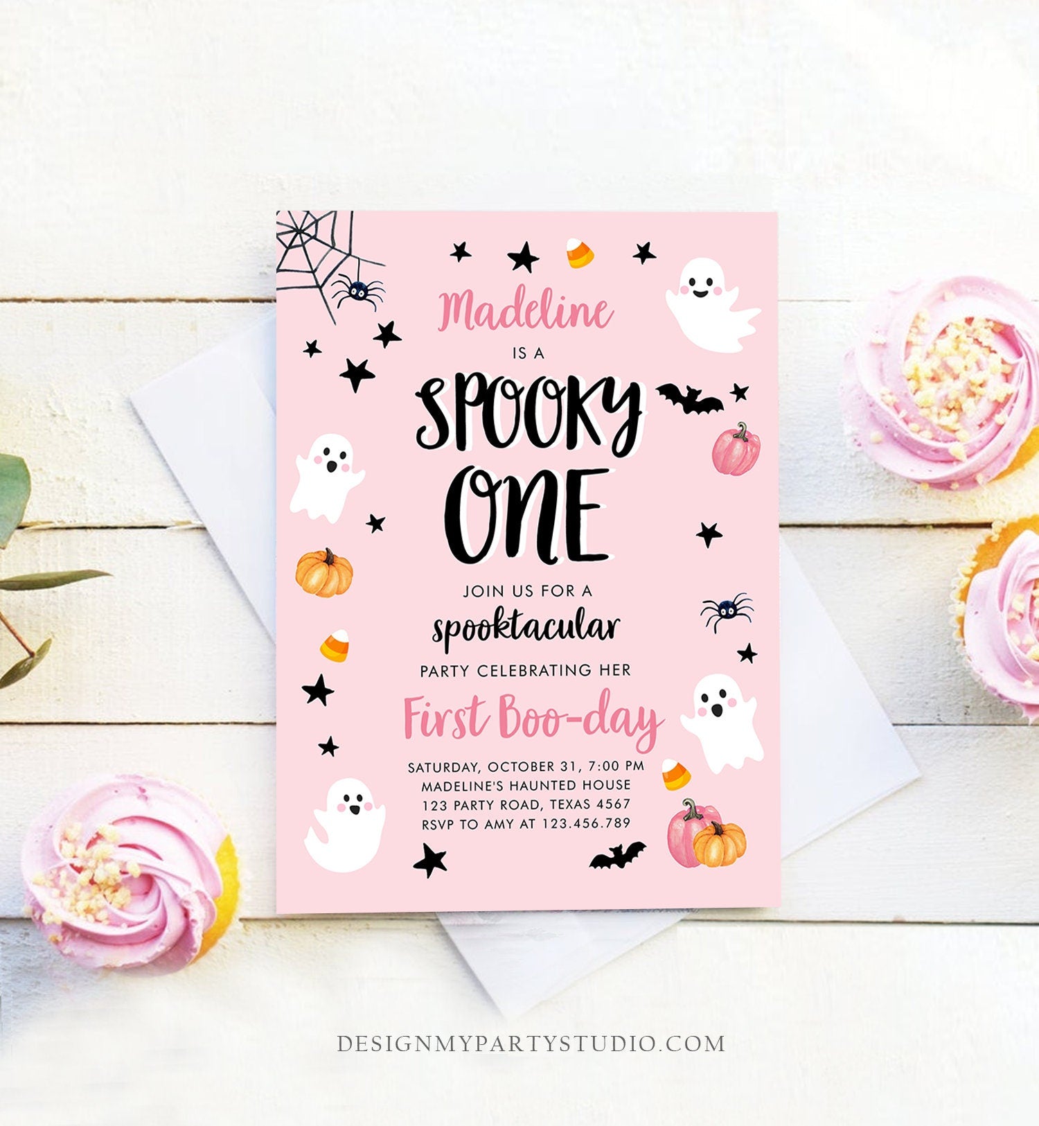 Editable Halloween 1st Birthday Invitation Pink Ghost Costume Party Girl Pink Kids Spooky One First Download Printable Template Corjl 0418