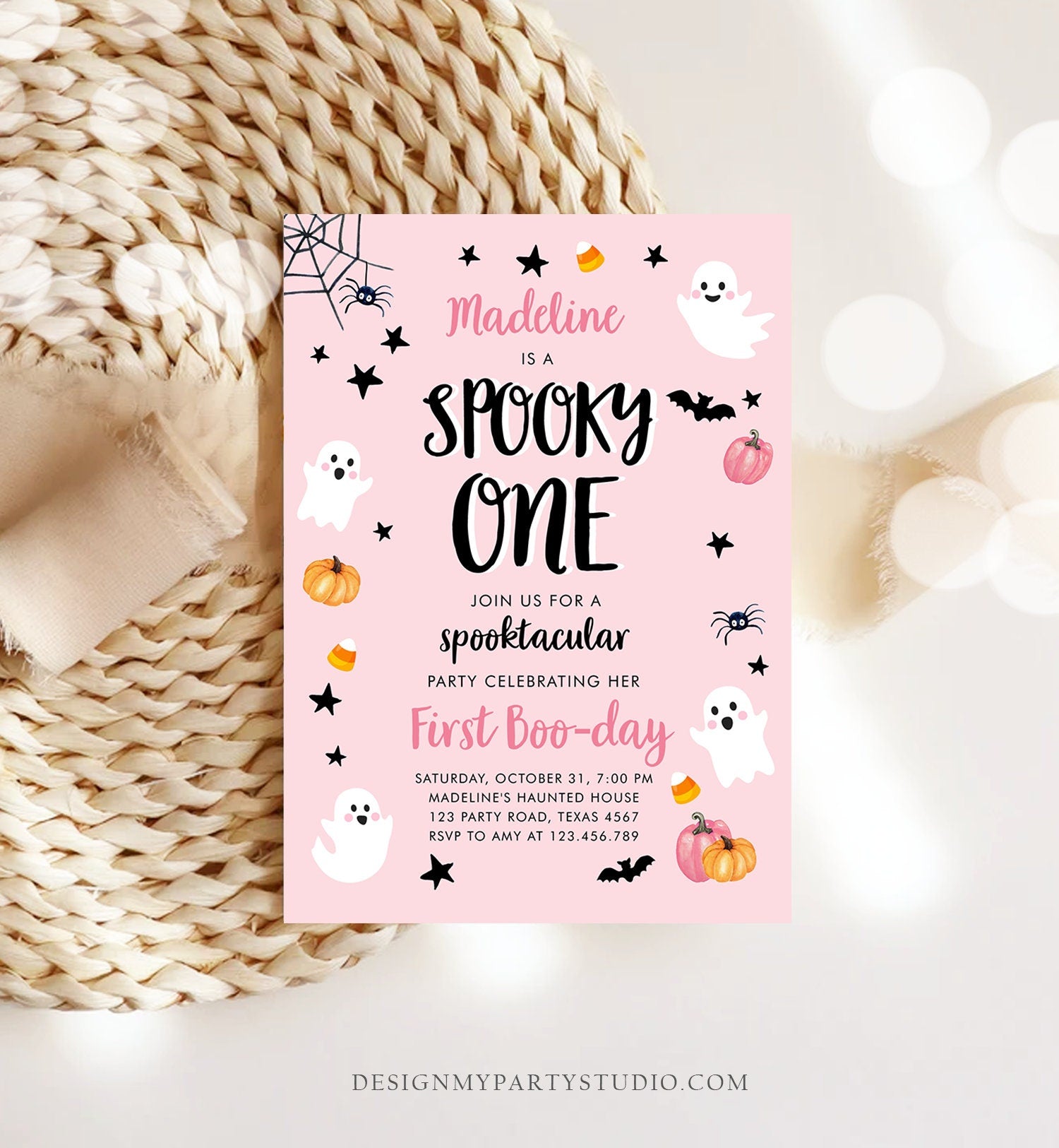 Editable Halloween 1st Birthday Invitation Pink Ghost Costume Party Girl Pink Kids Spooky One First Download Printable Template Corjl 0418