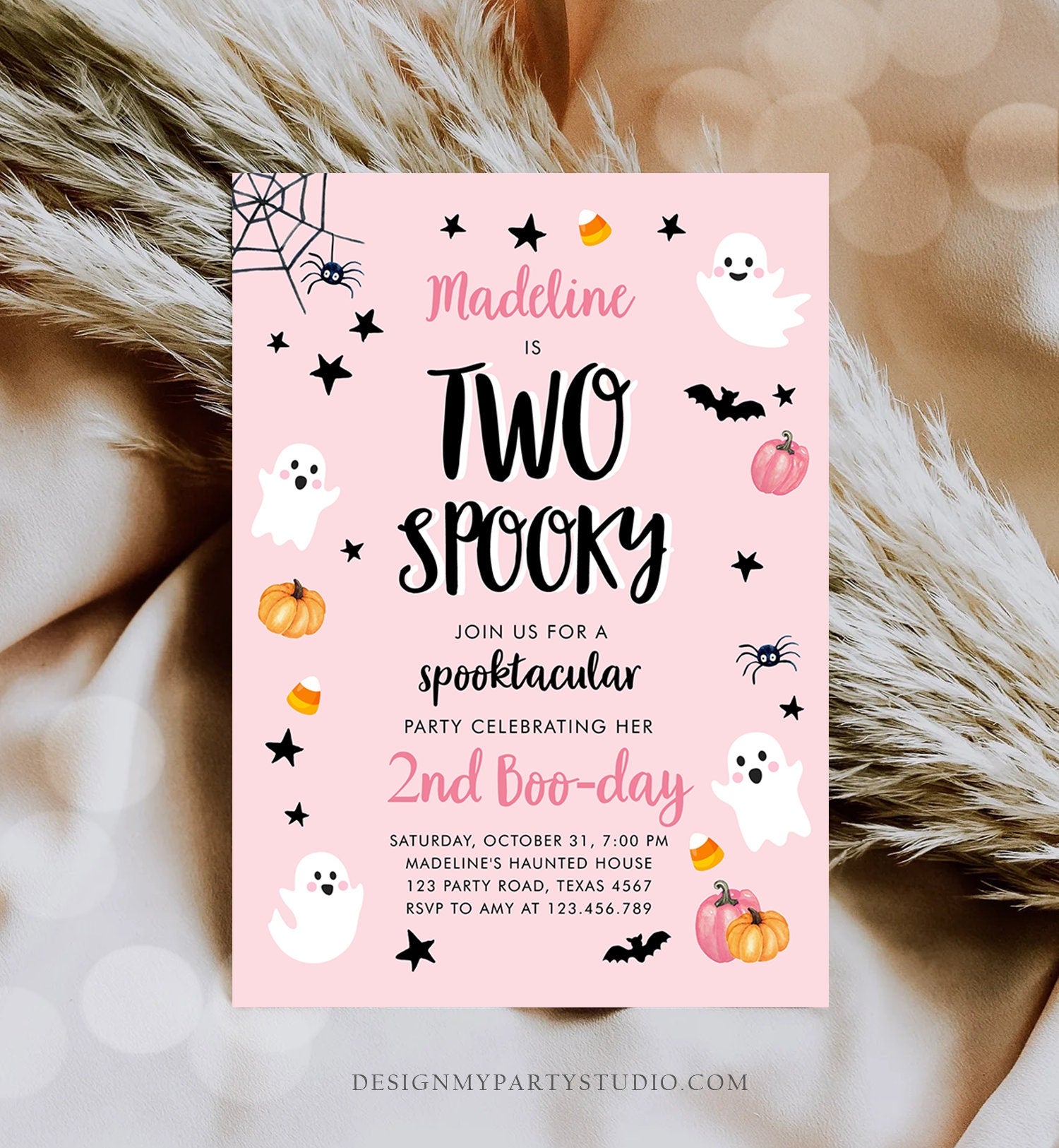 Editable Halloween Birthday Invitation 2nd Pink Ghost Costume Party Girl Pink Kids Two Spooky Party Download Printable Template Corjl 0418