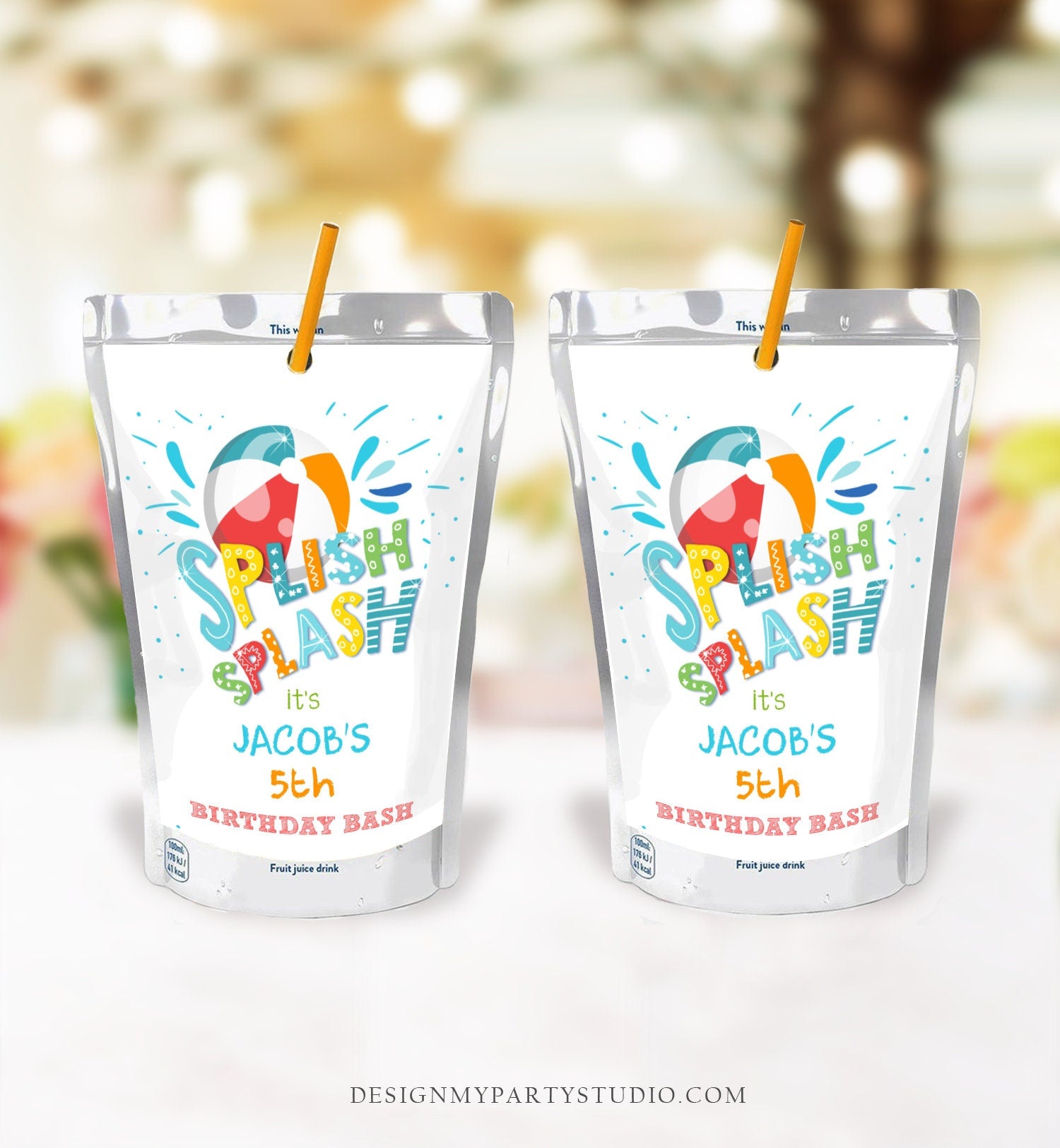 Editable Splish Splash Birthday Juice Pouch Label Juice Favors Pool Party Boy Splash Bash Beach Digital Download Template Printable 0169