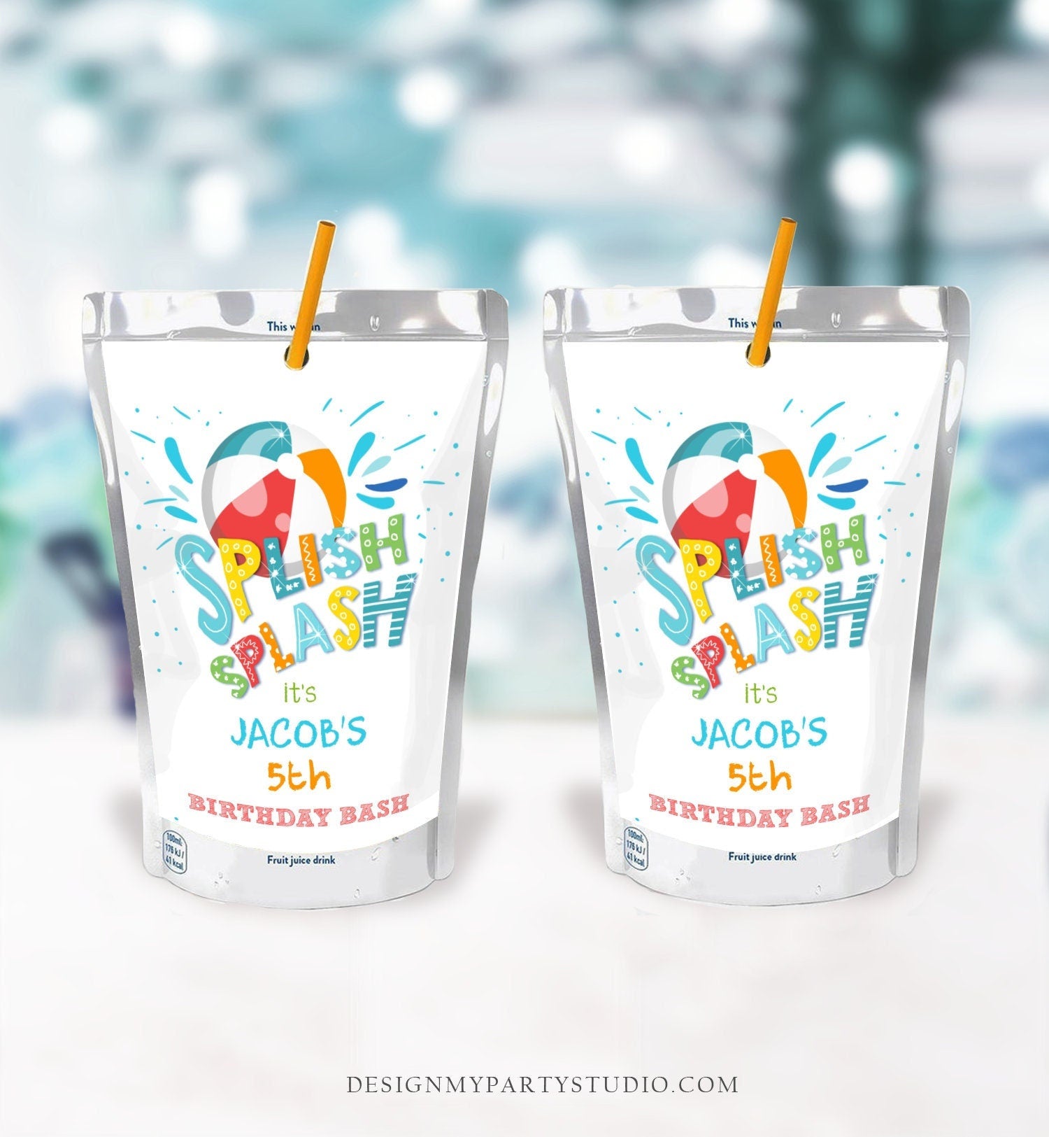 Editable Splish Splash Birthday Juice Pouch Label Juice Favors Pool Party Boy Splash Bash Beach Digital Download Template Printable 0169