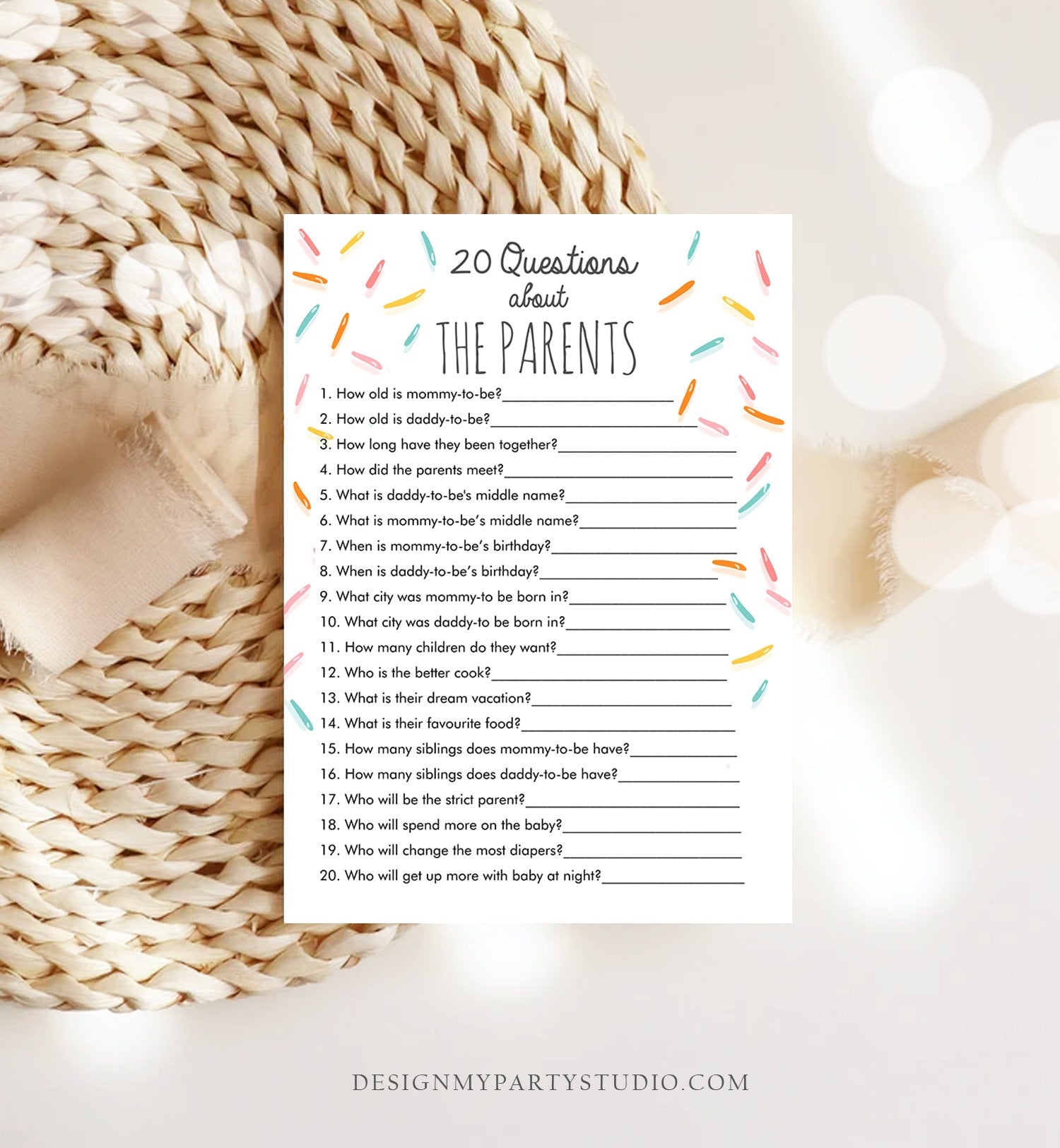 Editable 20 Questions About the Parents Baby Sprinkle Game Baby Shower Gender Neutral Sprinkles Rainbow Corjl Template Printable 0216