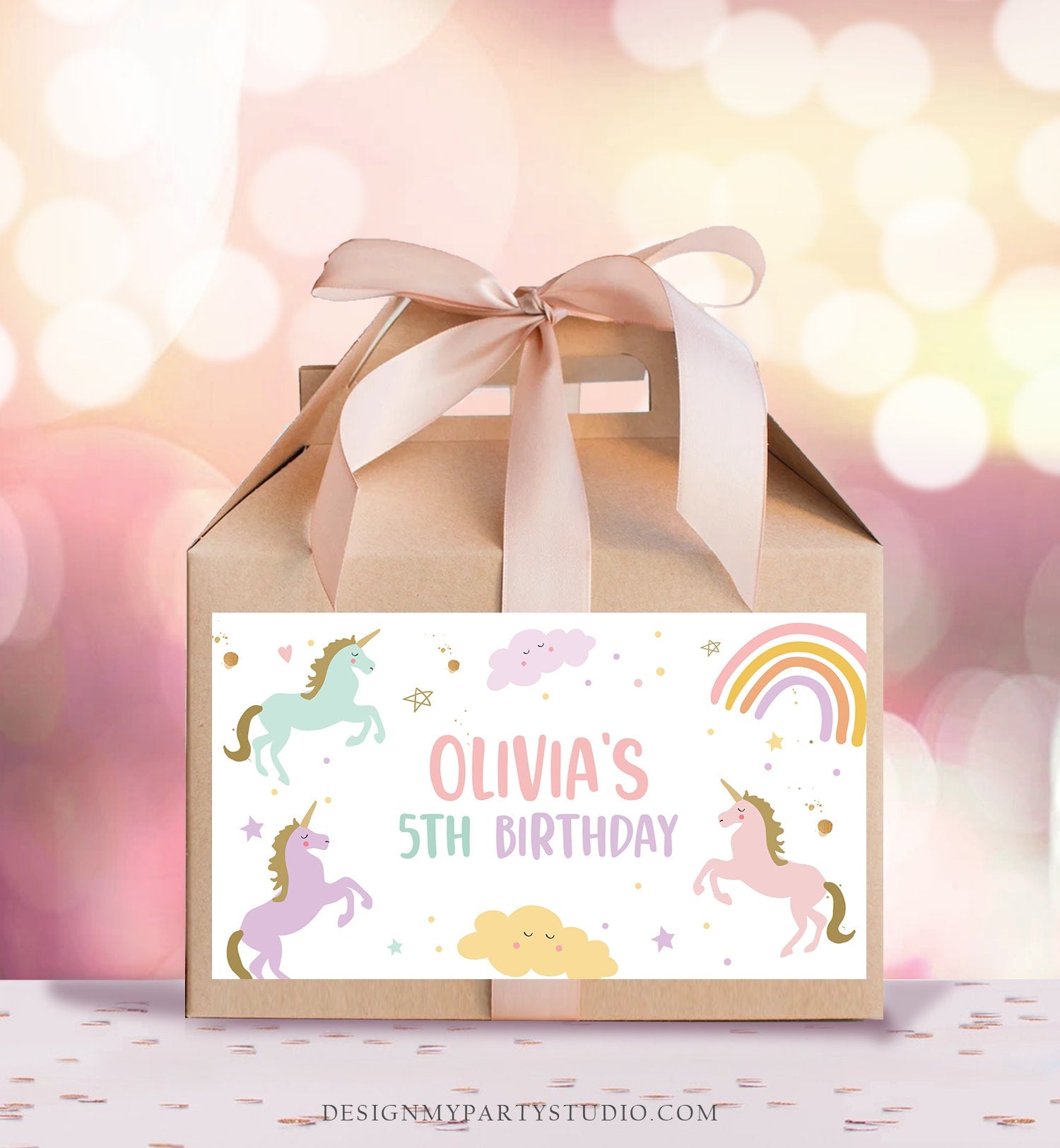 Editable Unicorn Birthday Party Gable Box Favor Label Magical Unicorn Gift Box Labels Girl Pink Pastel Unicorn Download Printable Corjl 0426