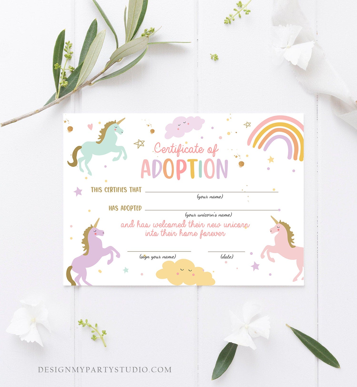 Adopt a Unicorn Certificate Unicorn Adoption Unicorn Birthday Party Magical Birthday Rainbow Girl Instant Download Digital Printable 0426