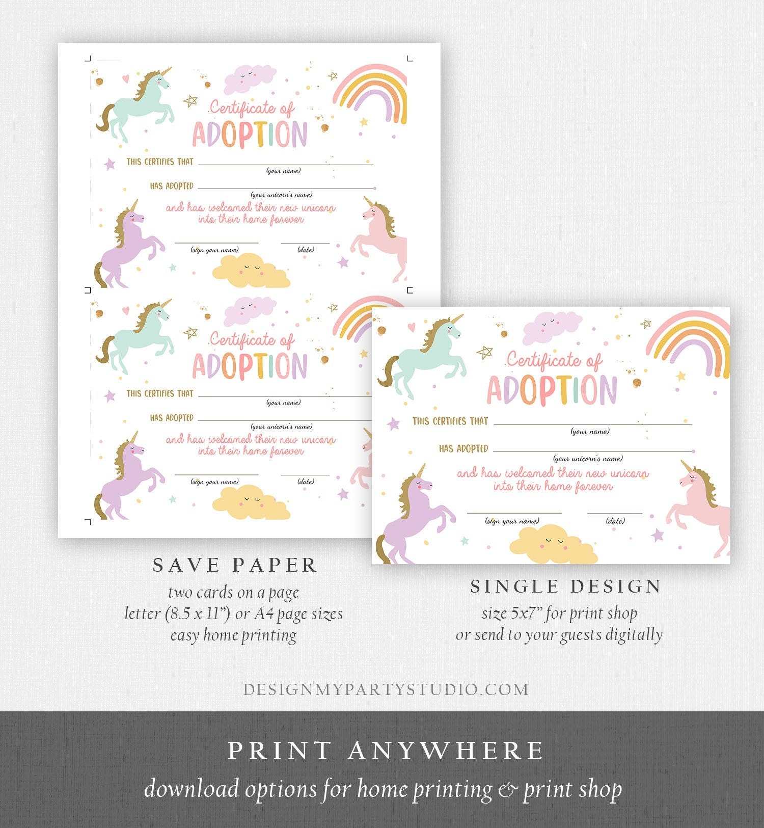 Adopt a Unicorn Certificate Unicorn Adoption Unicorn Birthday Party Magical Birthday Rainbow Girl Instant Download Digital Printable 0426