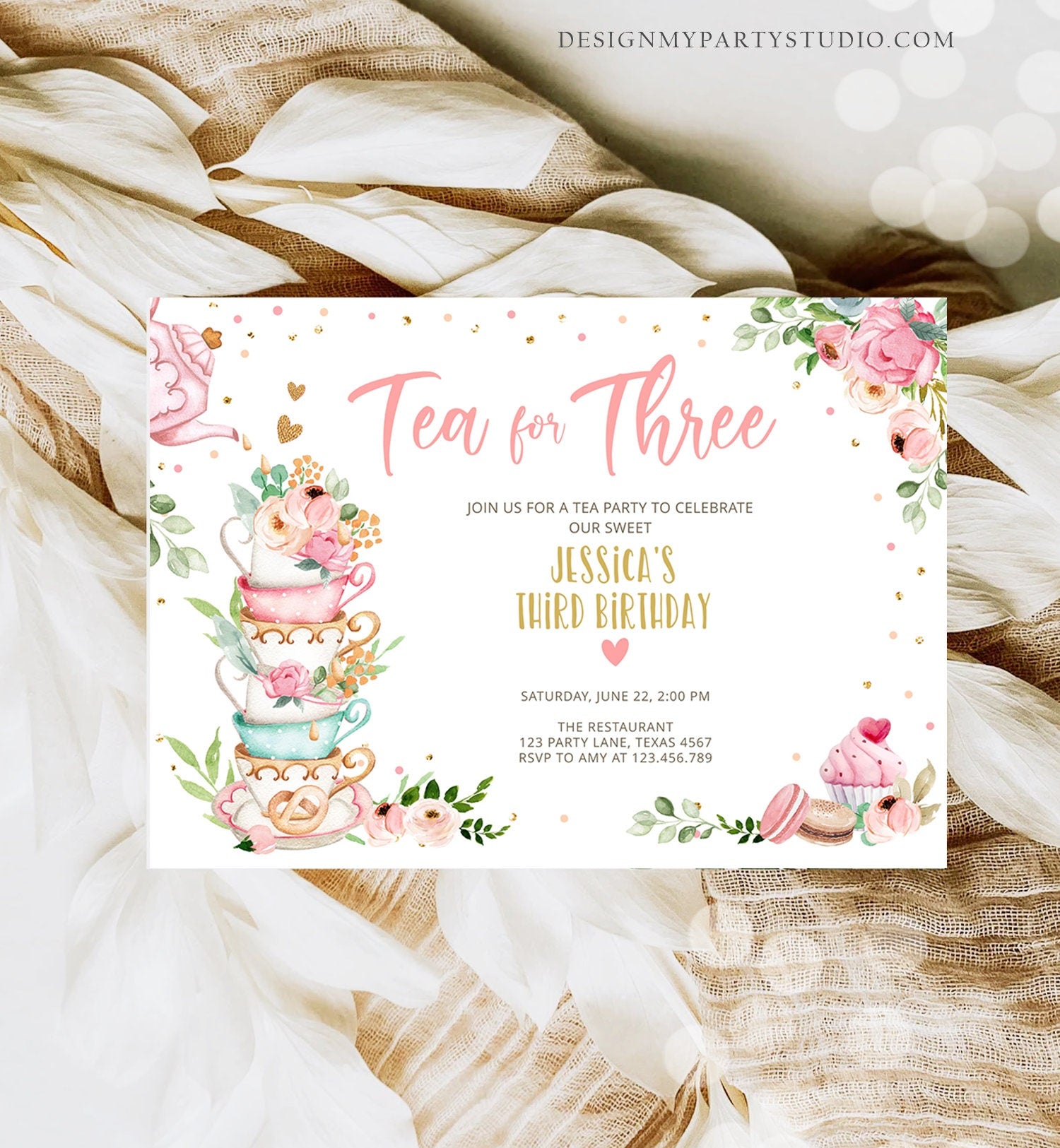 Editable Tea for Three Birthday Invitation Girl Tea Party Invite Pink Gold Floral Peach Third Birthday 3rd Corjl Template Printable 0349