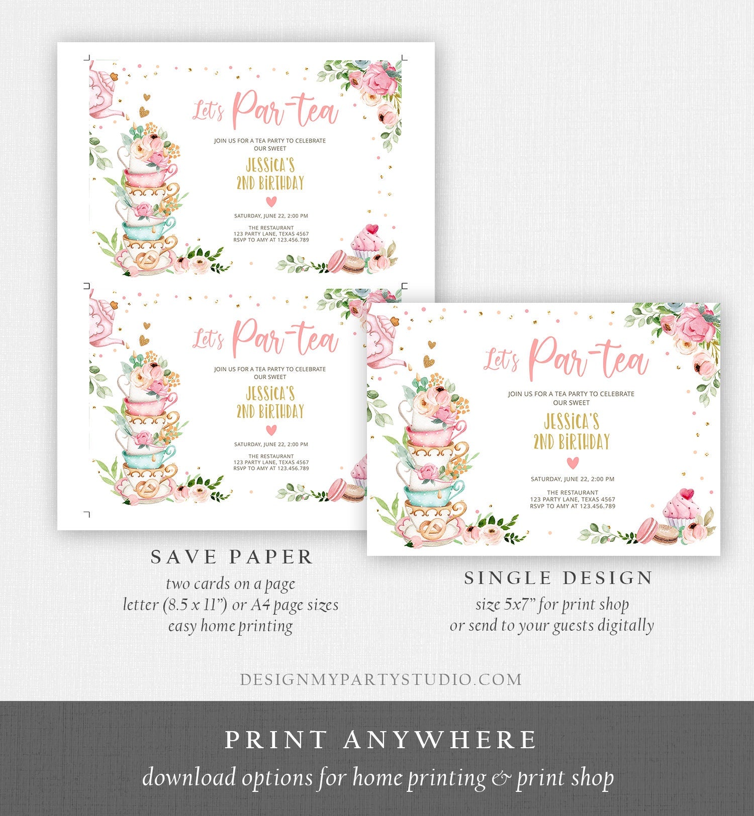 Editable Tea Party Birthday Invitation Girl Par-Tea Invite Floral Pink Gold Whimsical Tea Download Printable Template Corjl Digital 0349