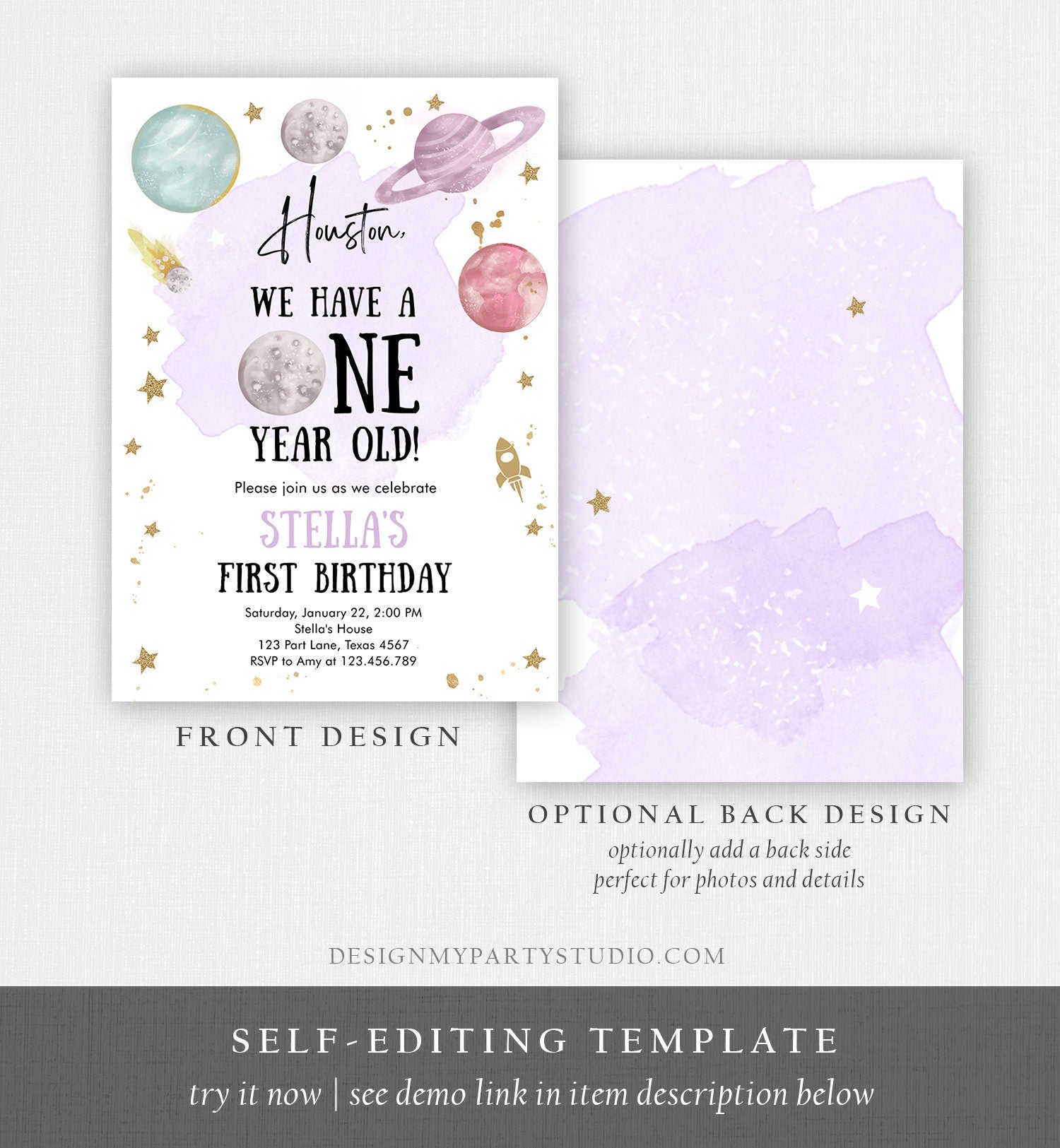 Editable Outer Space First Birthday Invitation Galaxy Houston First Trip Around the Sun One Digital Download Evite Template Printable 0357