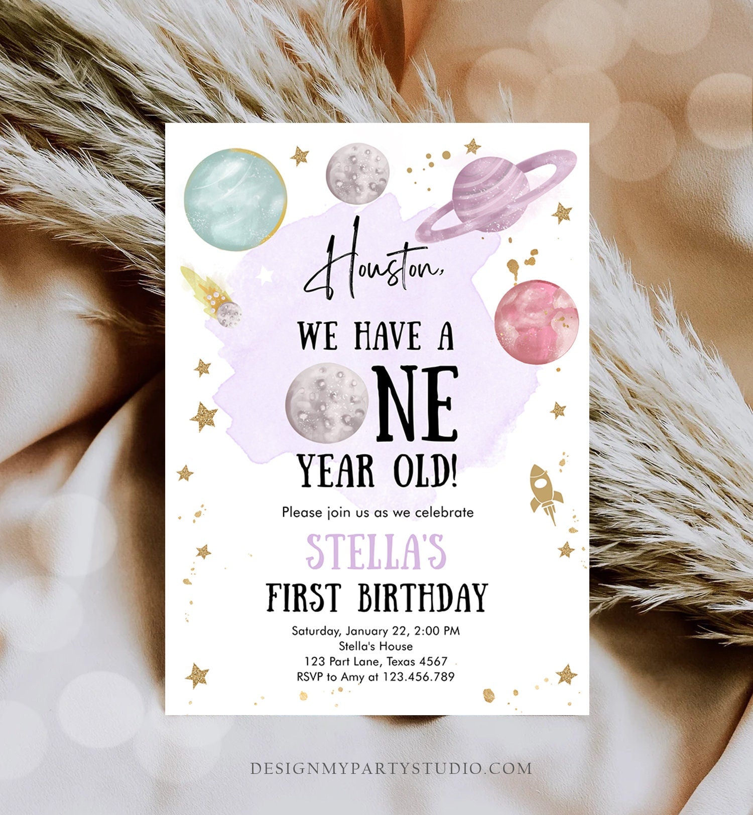 Editable Outer Space First Birthday Invitation Galaxy Houston First Trip Around the Sun One Digital Download Evite Template Printable 0357