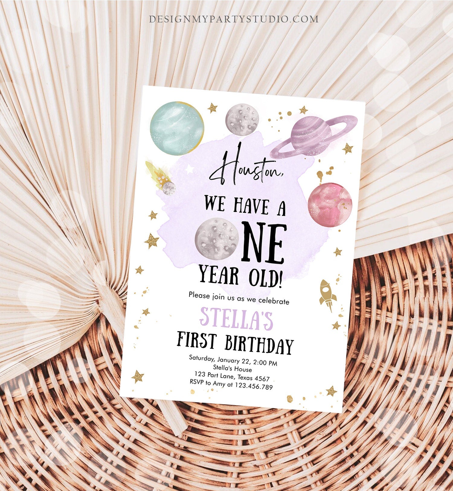 Editable Outer Space First Birthday Invitation Galaxy Houston First Trip Around the Sun One Digital Download Evite Template Printable 0357