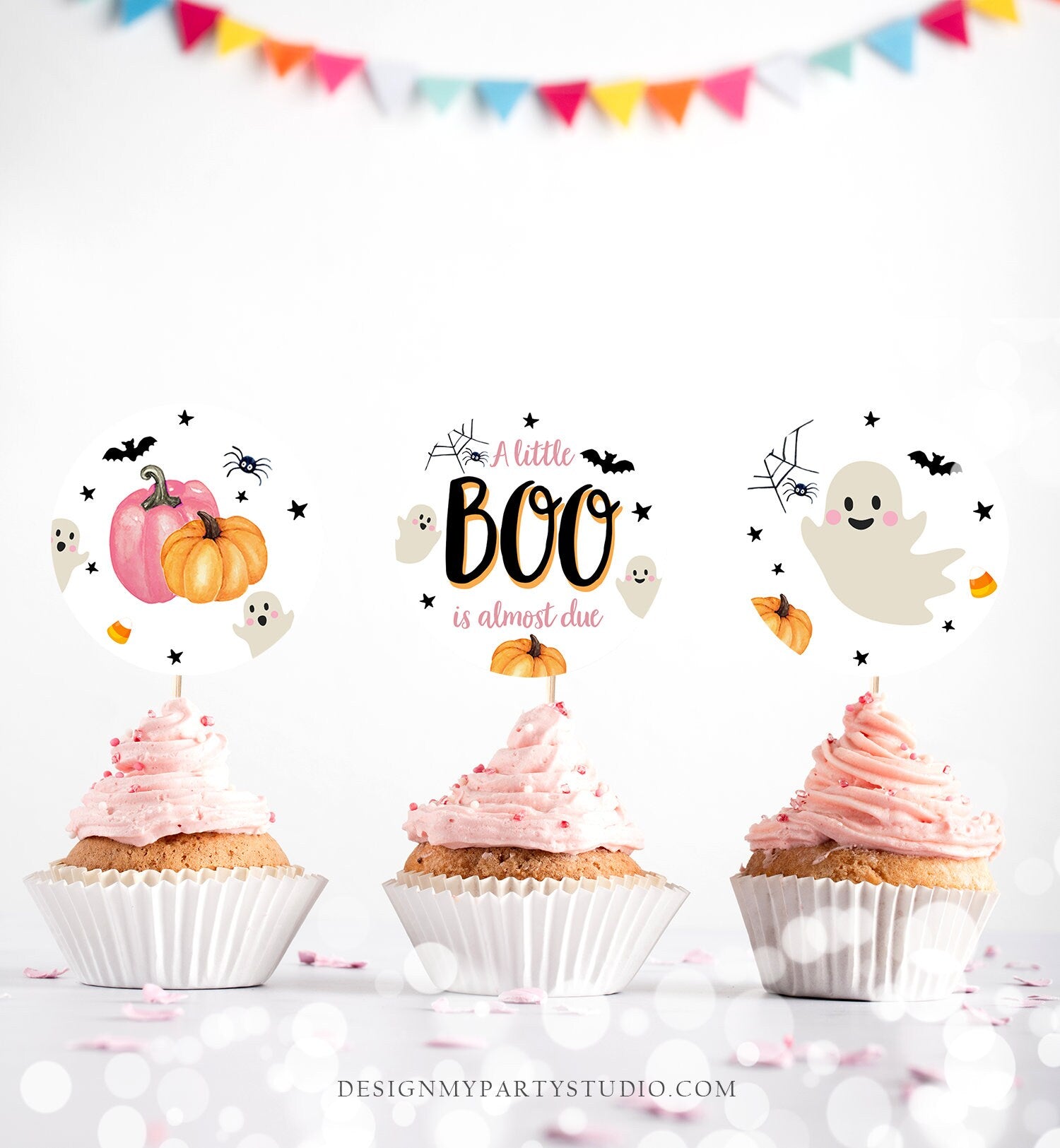 Little Boo Baby Shower Cupcake Toppers Favor Tags Halloween Baby Shower Ghost Party Coed Shower Pink Girl Digital Download Printable 0418