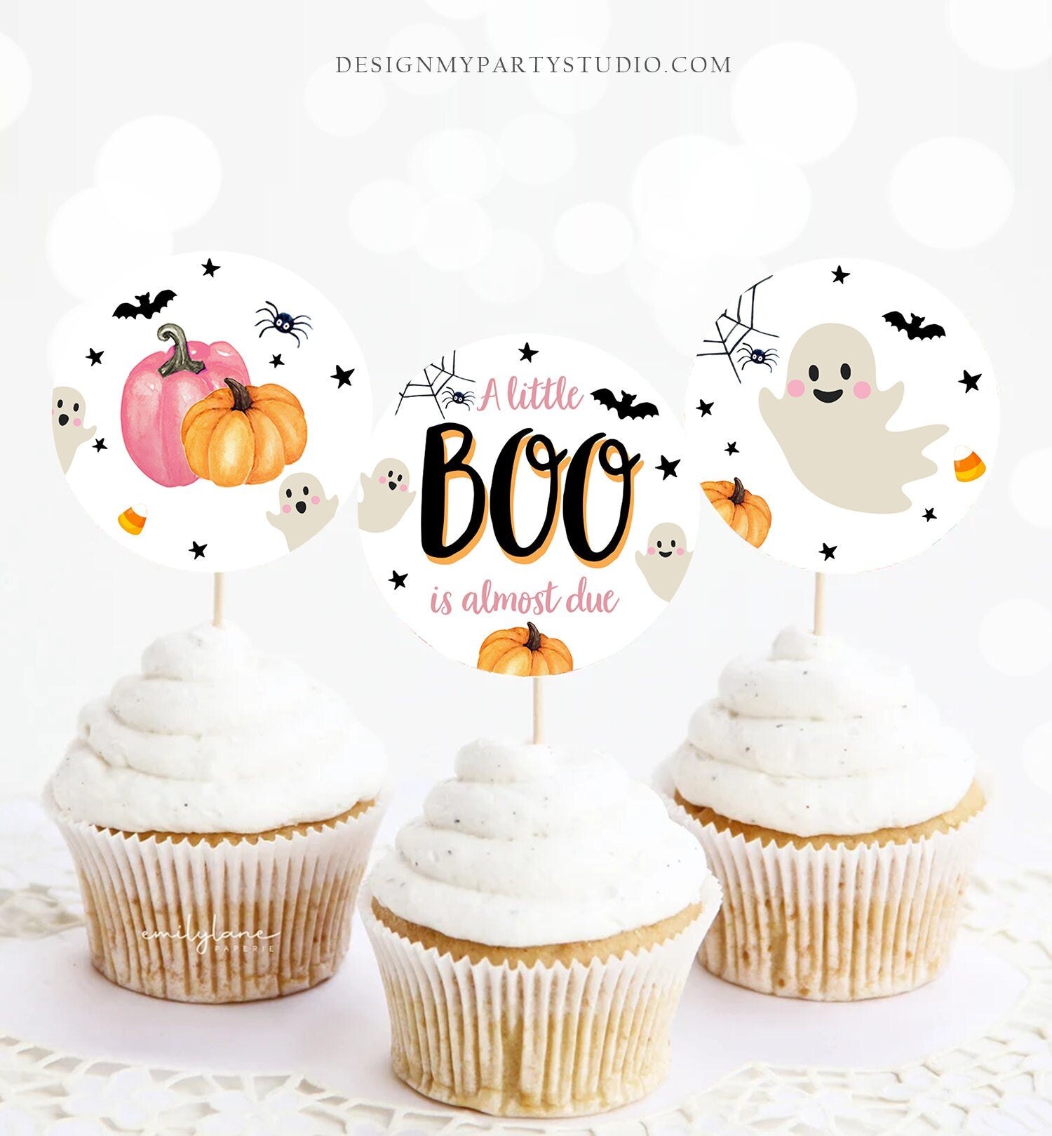 Little Boo Baby Shower Cupcake Toppers Favor Tags Halloween Baby Shower Ghost Party Coed Shower Pink Girl Digital Download Printable 0418