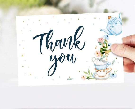 Tea Party Thank you Card Floral Tea Baby Shower Thank You Note 4x6&quot; Boy Blue Tea Birthday Tea for Two PRINTABLE Instant Download 0349