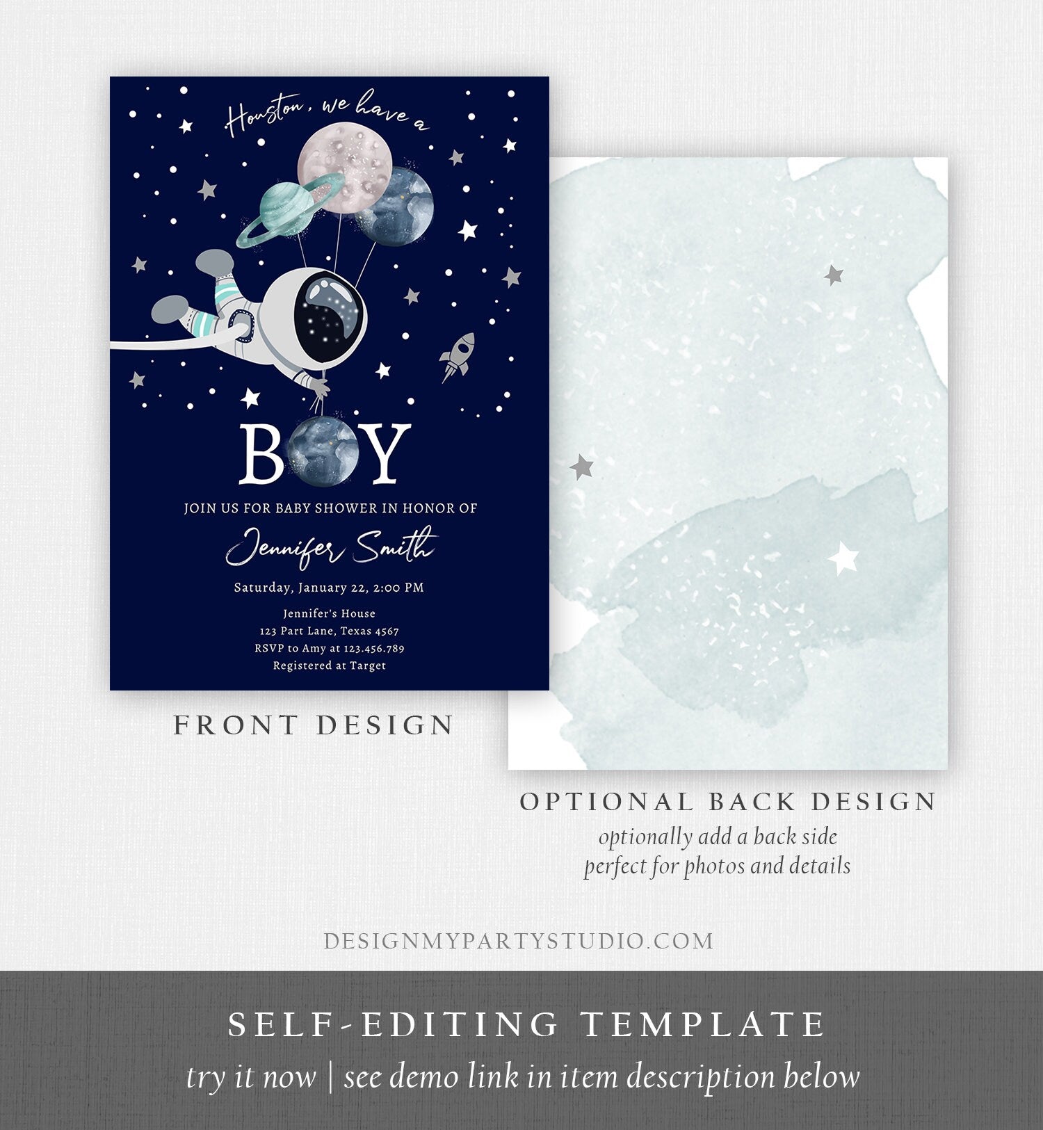 Editable Space Astronaut Baby Shower Invitation Galaxy Houston It's a Boy Blue Planets Moon Countdown Template Instant Download Corjl 0366