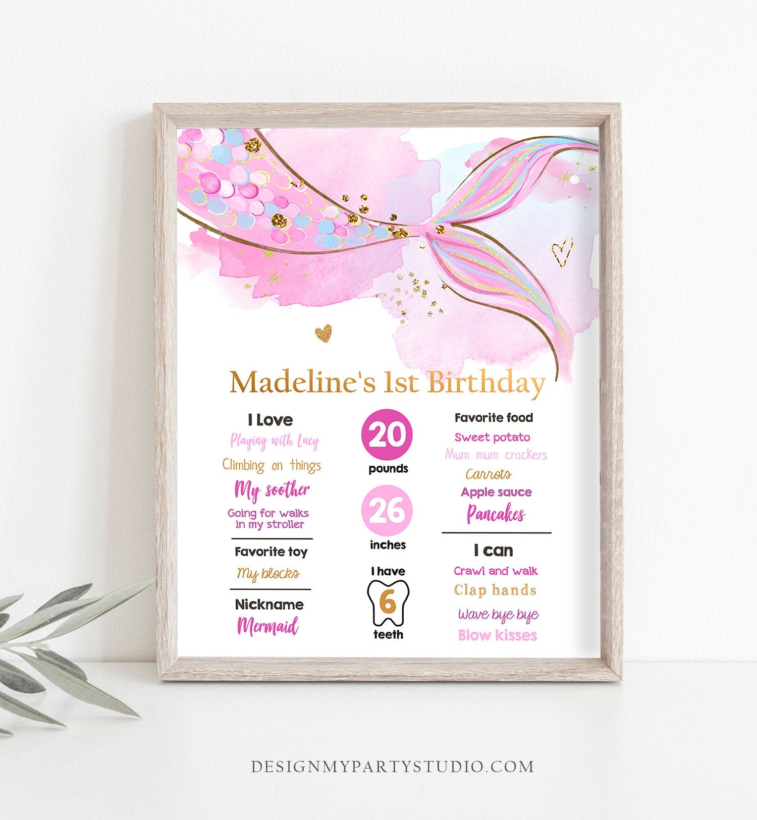 Editable Mermaid Birthday Milestones Sign Mermaid Tail Girl 1st Birthday Under The Sea Pink Purple Gold First Template Printable Corjl 0403