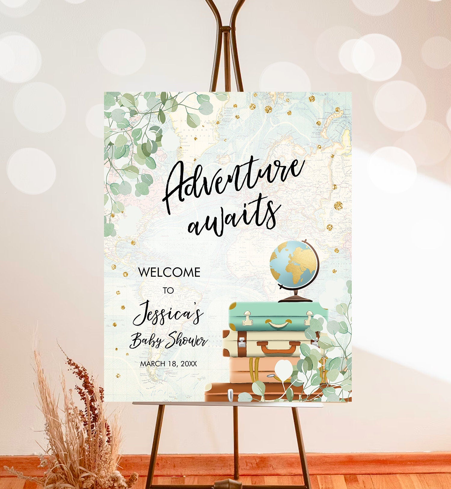 Editable Adventure Awaits Welcome Sign Baby Shower Traveling Around the World Travel Adventure Bridal Shower Floral Blue Corjl Template 0030