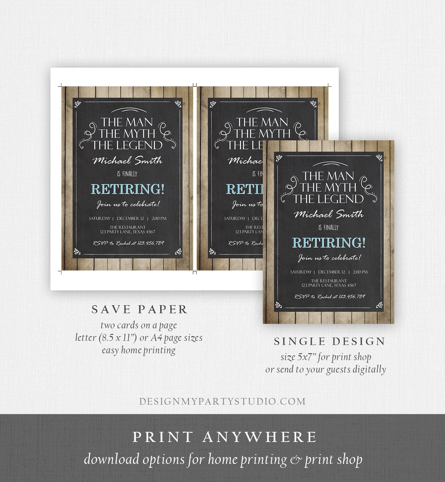 Editable The Man The Myth The Legend Invitation Retirement Invite Man Men Rustic Chalk Download Printable Invitation Template Corjl 0101