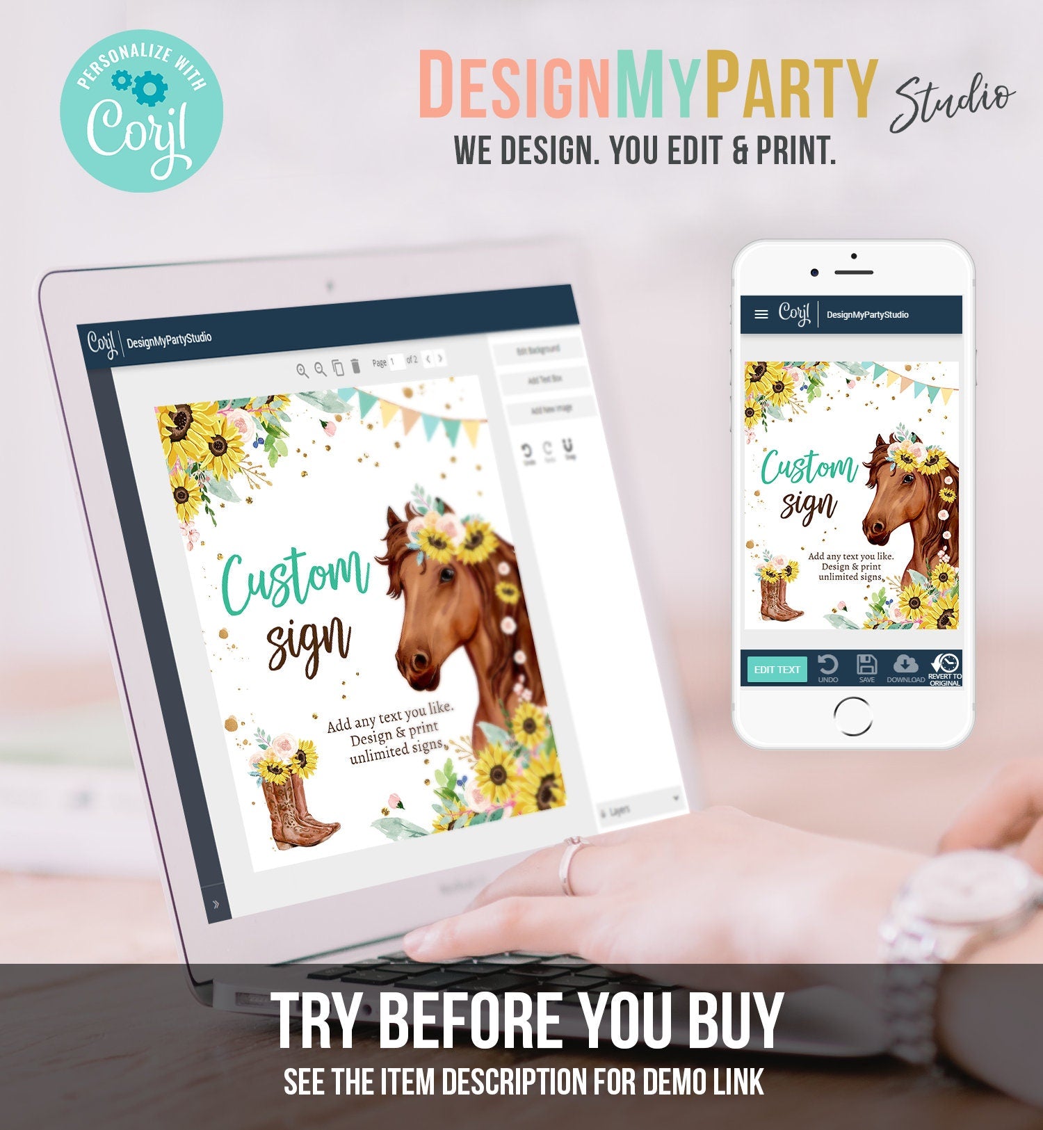 Editable Custom Horse Birthday Party Sign Saddle Up Cowgirl Party Sign Sunflowers Horse Girl Table Sign 8x10 Corjl Template Printable 0408