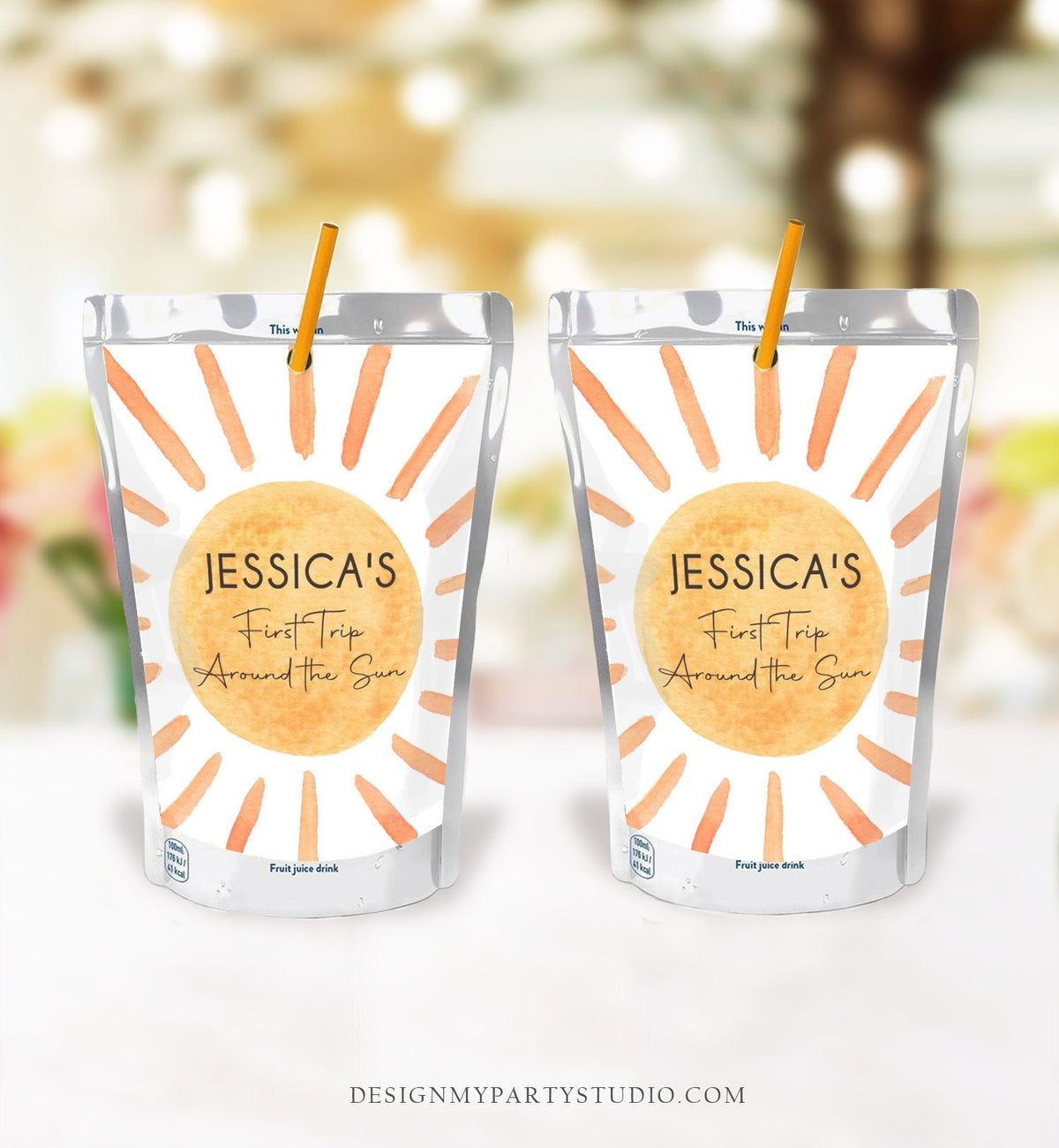 Editable Sunshine Juice Pouch Label Juice Favors Watercolor Birthday Party First Trip Around Sun Digital Download Template Printable 0431