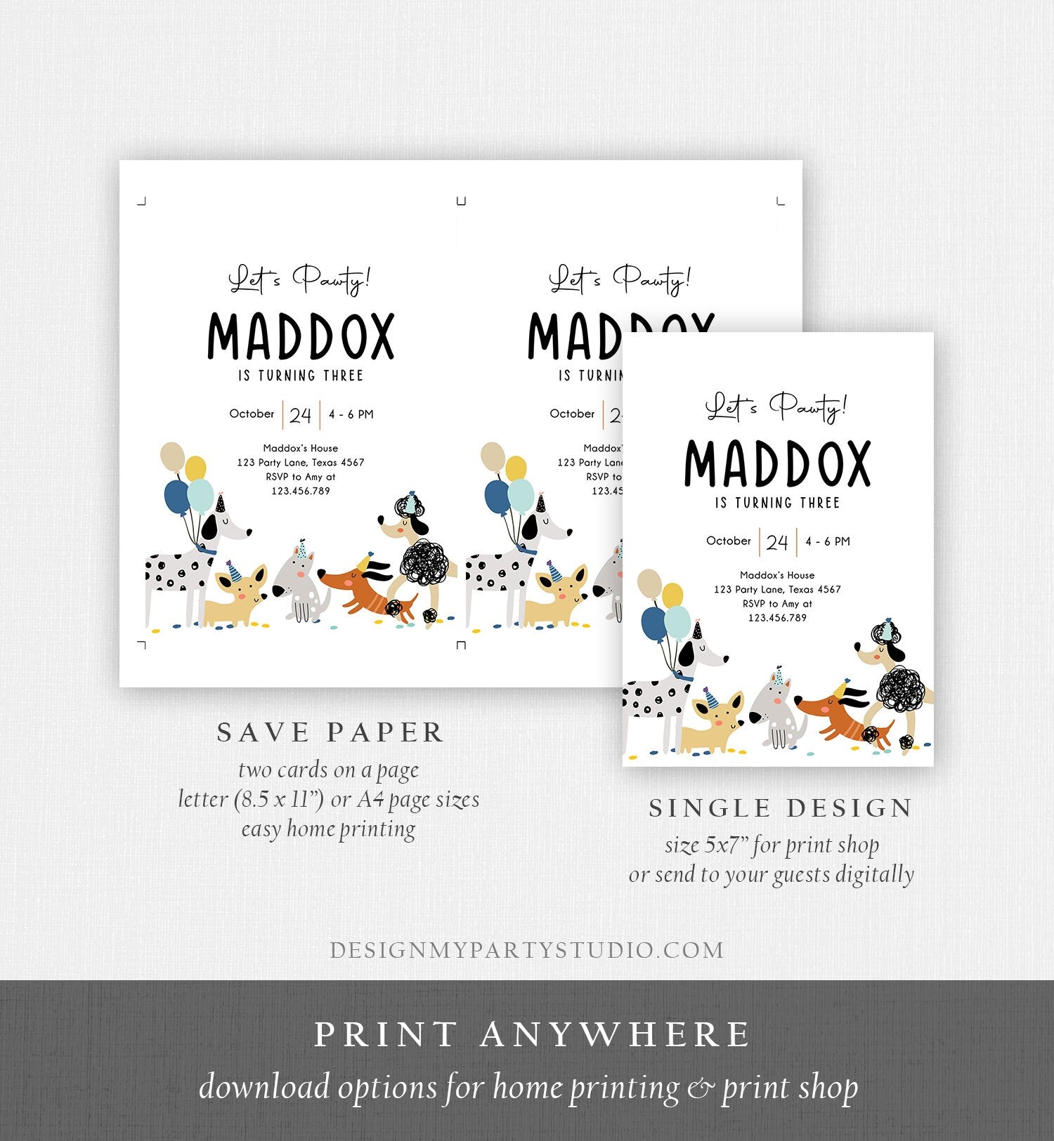 Editable Dog Birthday Party Invitation Puppy Birthday Invite Boy Pawty Birthday Animal Pet Vet Woof Download Printable Template Evite 0429