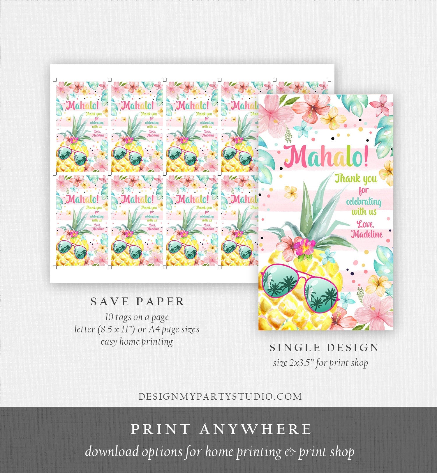 Editable Tropical Aloha Hawaiian Favor Tag Luau Birthday Party Pineapple Favor Tag Mahalo Pool Party Pink Girl Corjl Template Printable 0391